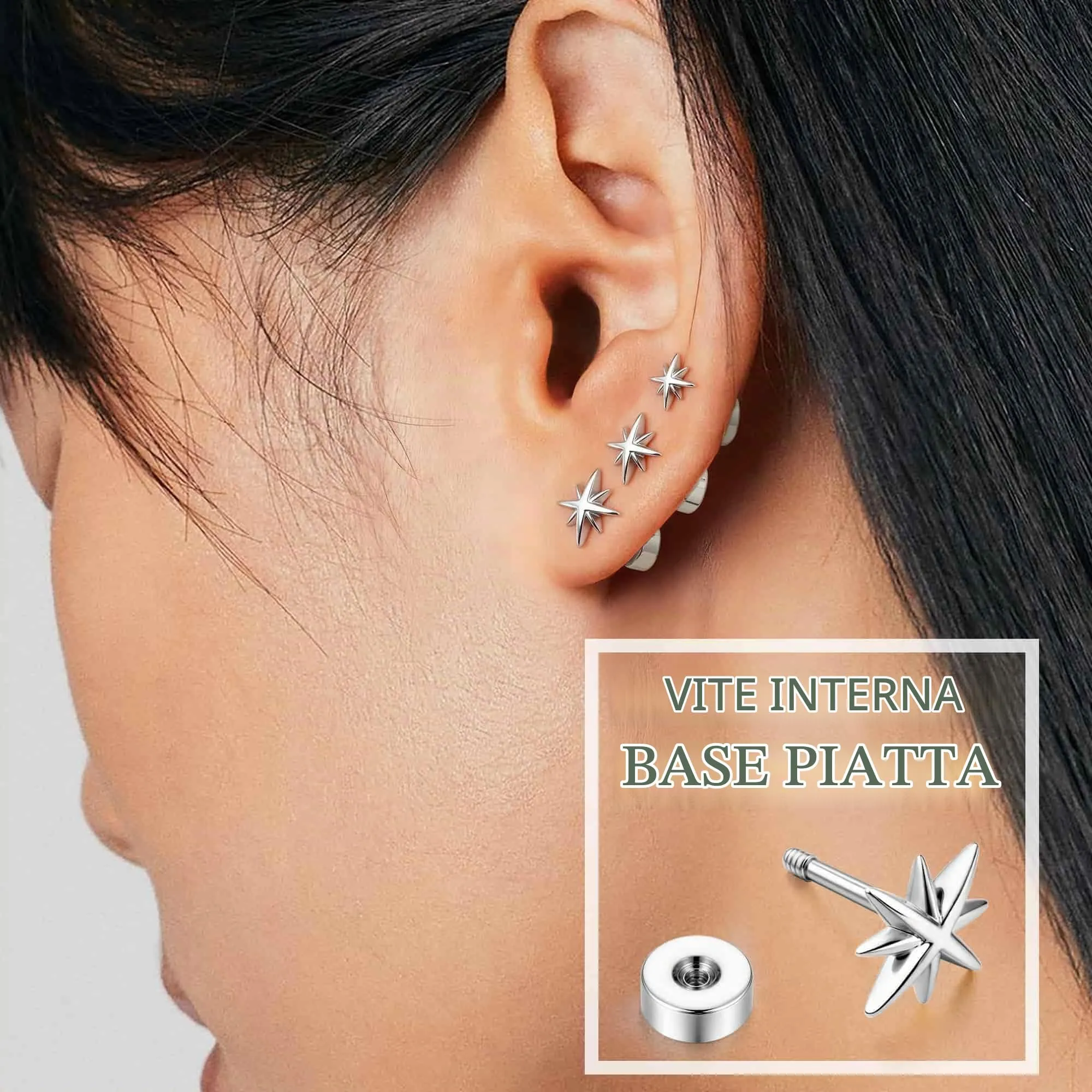 BodyBonita 3 Paia Orecchini Donna con Chiusura Piatta, Orecchini a Bottone con Perni in Argento Sterling 925,Set Orecchini Placcati in Palladio Bianco Color Argento, Stella CZ Piercing Orecchio - immagine 4