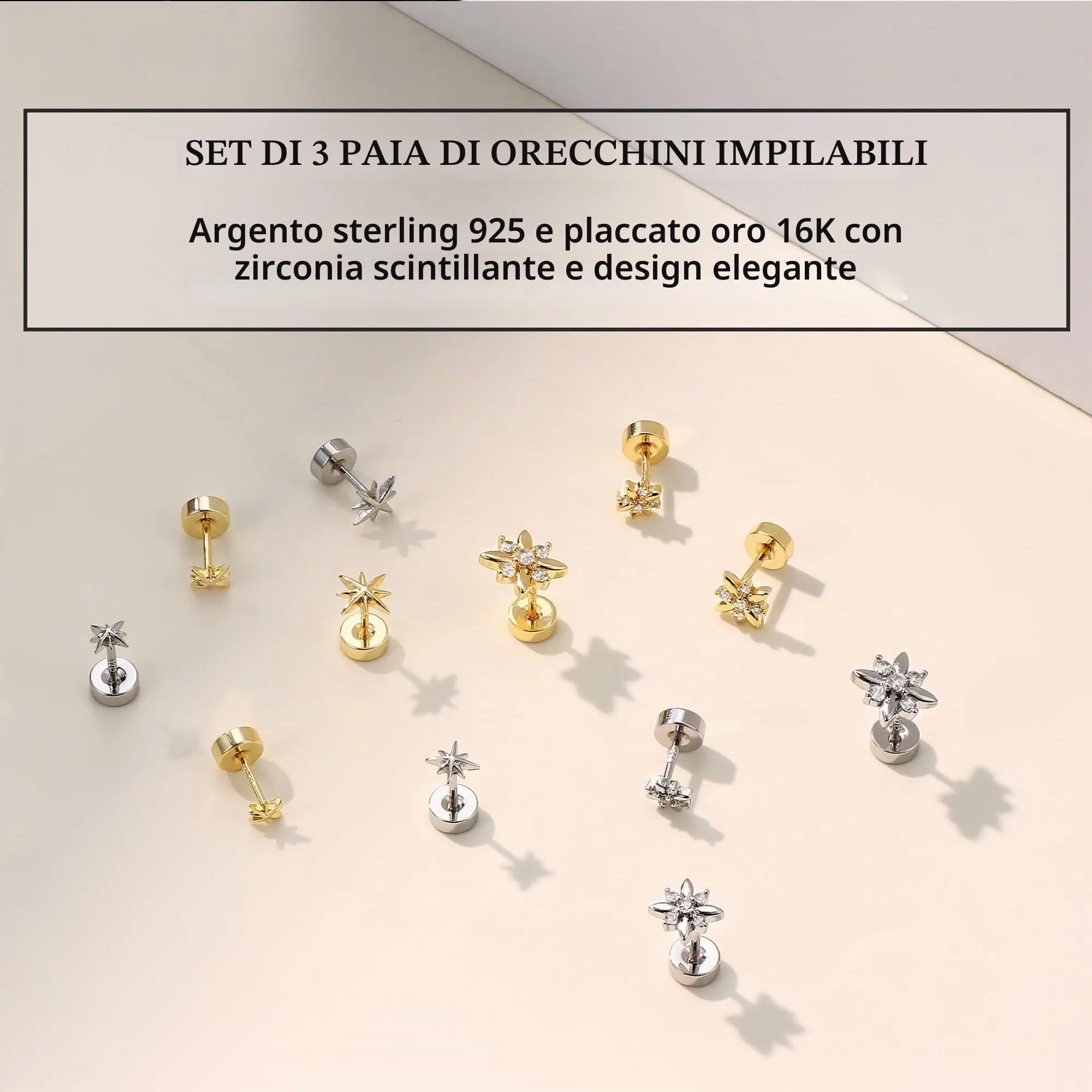 BodyBonita 3 Paia Orecchini Donna con Chiusura Piatta, Orecchini a Bottone con Perni in Argento Sterling 925,Set Orecchini Placcati in Palladio Bianco Color Argento, Stella CZ Piercing Orecchio - immagine 6