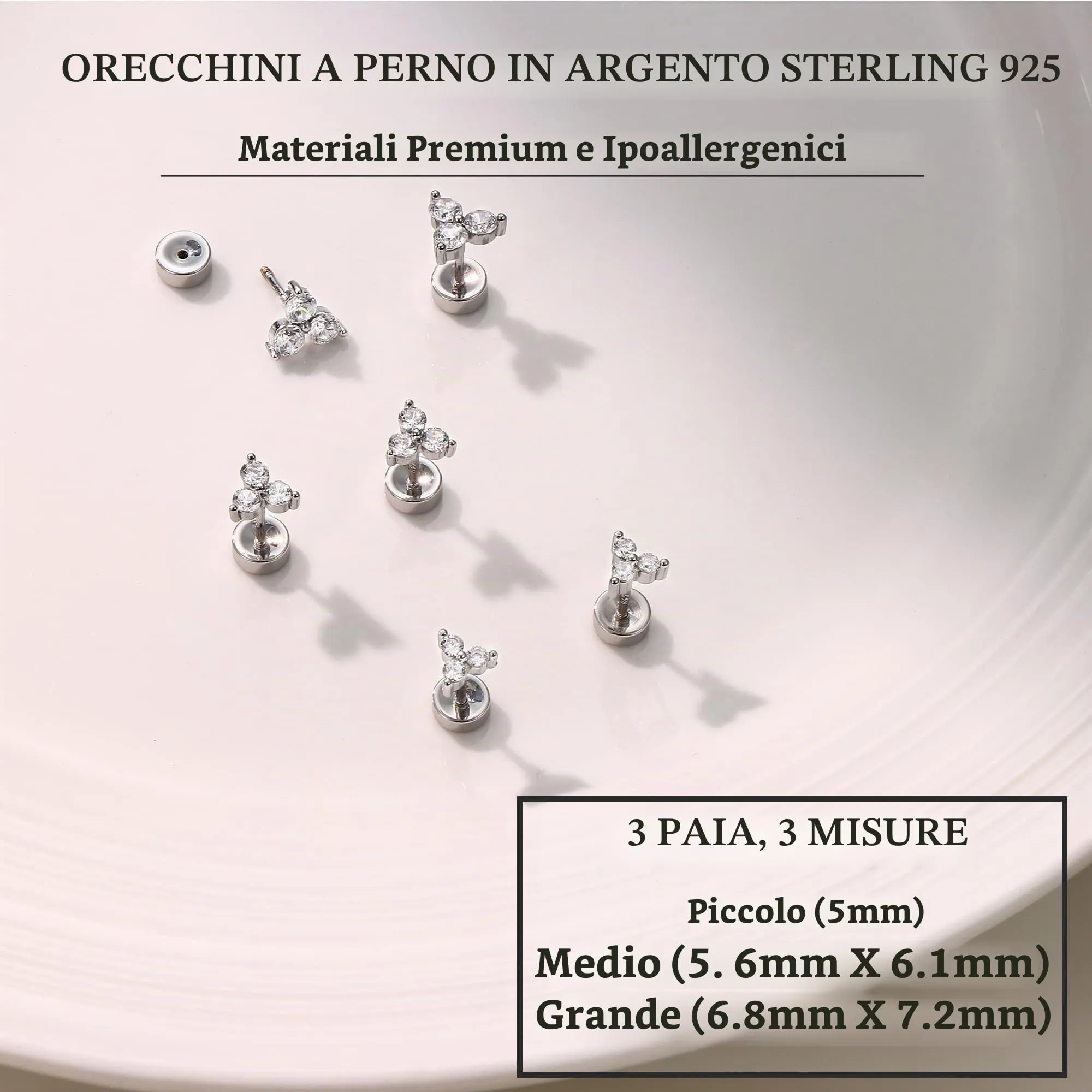 3 Paia Orecchini Donna con Chiusura Piatta, Orecchini a Bottone con Perni in Argento Sterling 925,Set Orecchini Placcati in Palladio Bianco Color Argento, a Tre Foglie CZ Piercing Orecchio - immagine 3