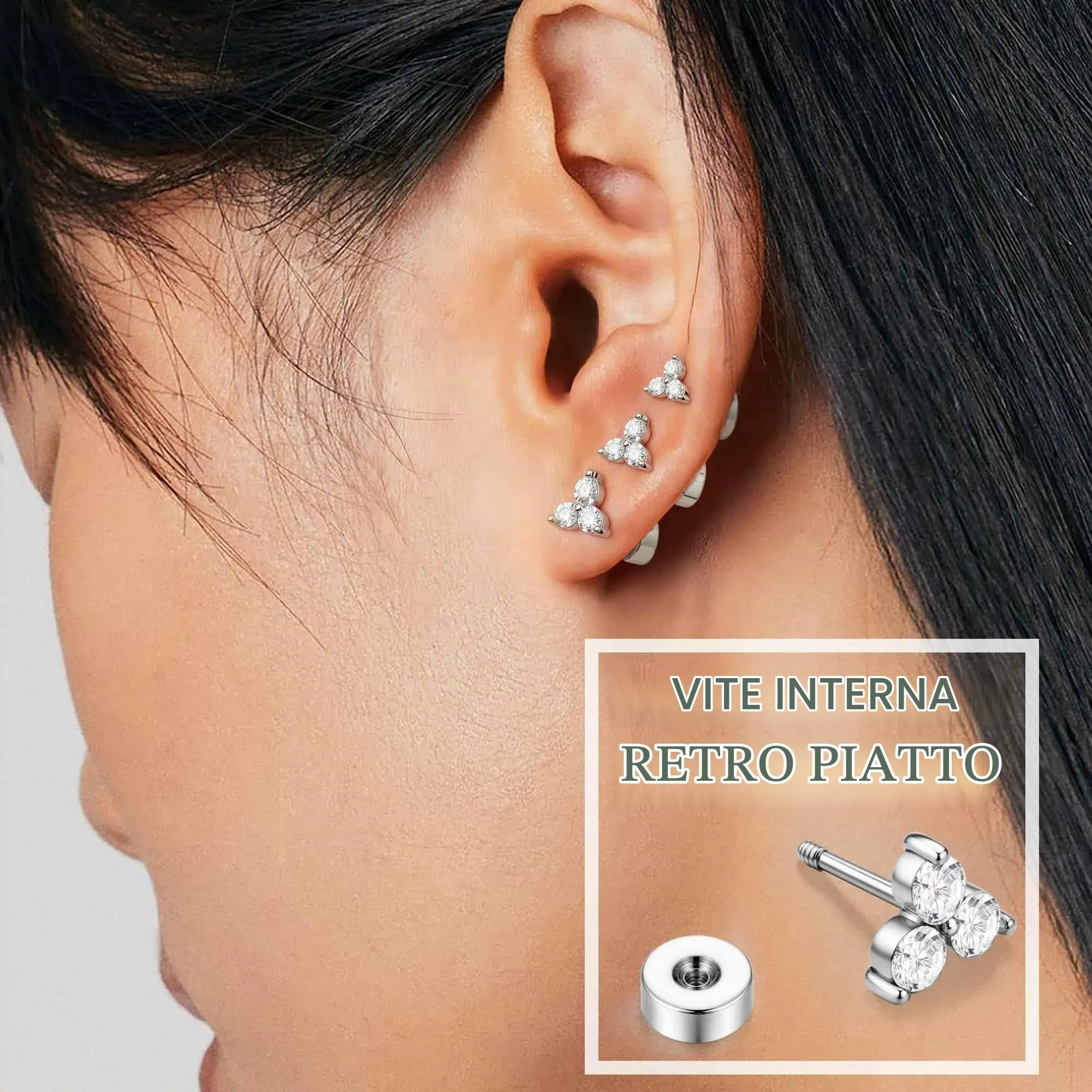 3 Paia Orecchini Donna con Chiusura Piatta, Orecchini a Bottone con Perni in Argento Sterling 925,Set Orecchini Placcati in Palladio Bianco Color Argento, a Tre Foglie CZ Piercing Orecchio - immagine 4