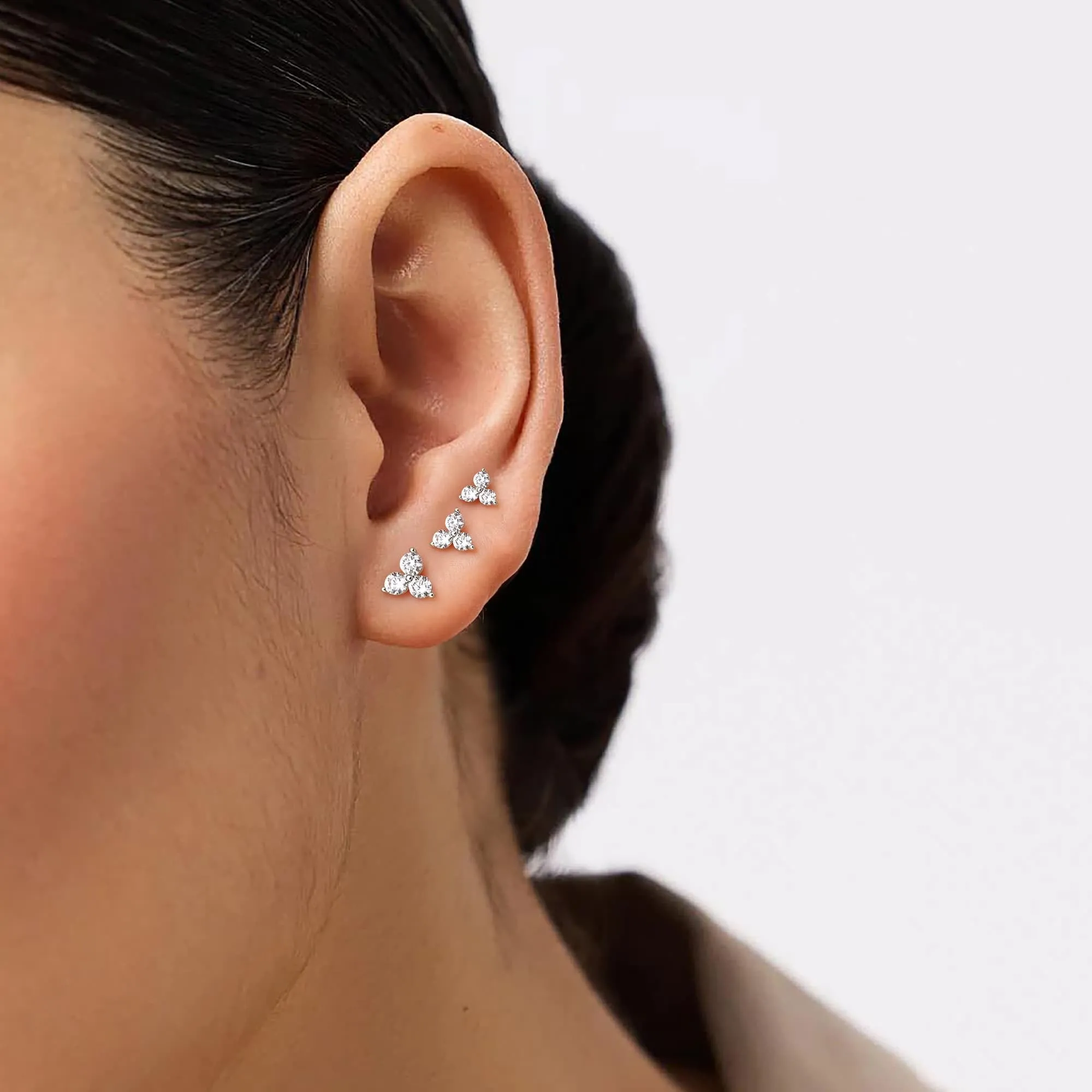 3 Paia Orecchini Donna con Chiusura Piatta, Orecchini a Bottone con Perni in Argento Sterling 925,Set Orecchini Placcati in Palladio Bianco Color Argento, a Tre Foglie CZ Piercing Orecchio - immagine 5