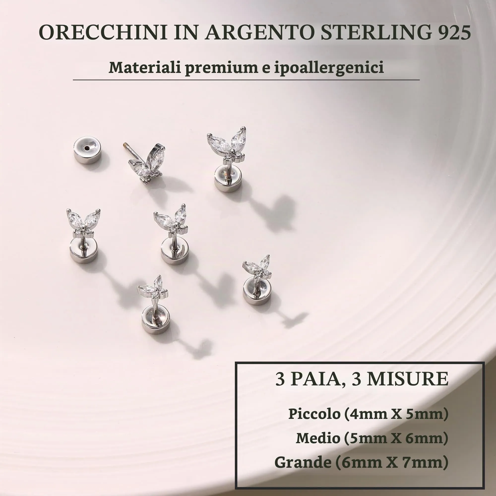 BodyBonita 3 Paia Orecchini Donna con Chiusura Piatta, Orecchini a Bottone con Perni in Argento Sterling 925,Set Orecchini Placcati in Palladio Bianco Color Argento, Farfalla CZ Piercing Orecchio - immagine 2