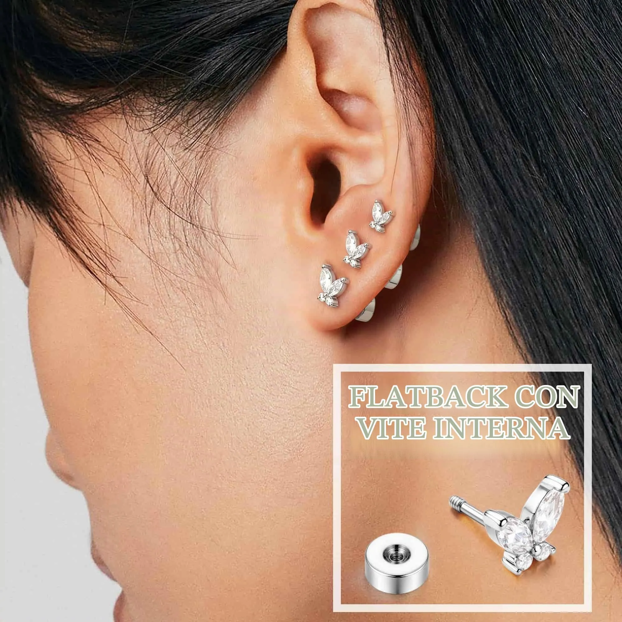 BodyBonita 3 Paia Orecchini Donna con Chiusura Piatta, Orecchini a Bottone con Perni in Argento Sterling 925,Set Orecchini Placcati in Palladio Bianco Color Argento, Farfalla CZ Piercing Orecchio - immagine 4