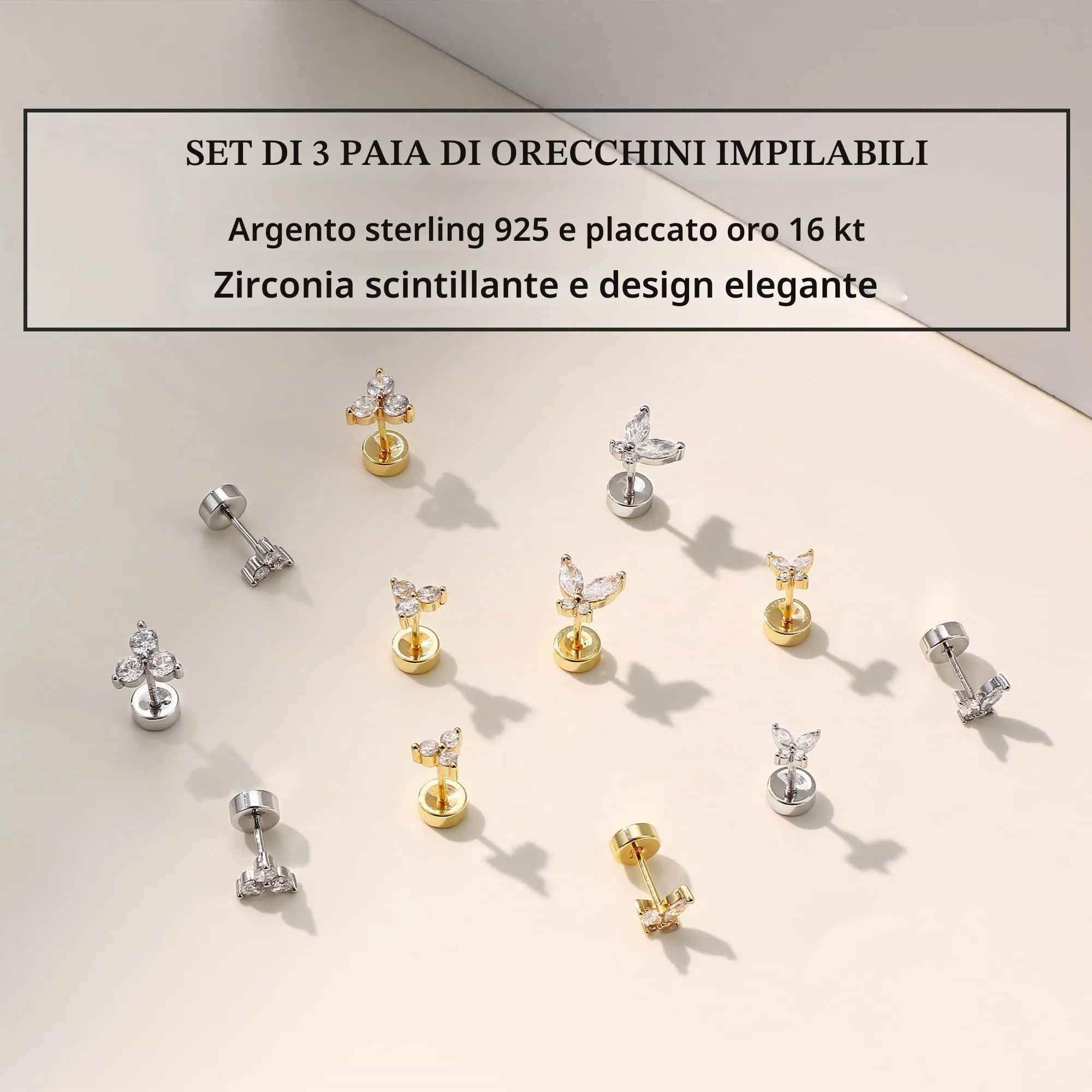 BodyBonita 3 Paia Orecchini Donna con Chiusura Piatta, Orecchini a Bottone con Perni in Argento Sterling 925,Set Orecchini Placcati in Palladio Bianco Color Argento, Farfalla CZ Piercing Orecchio - immagine 6