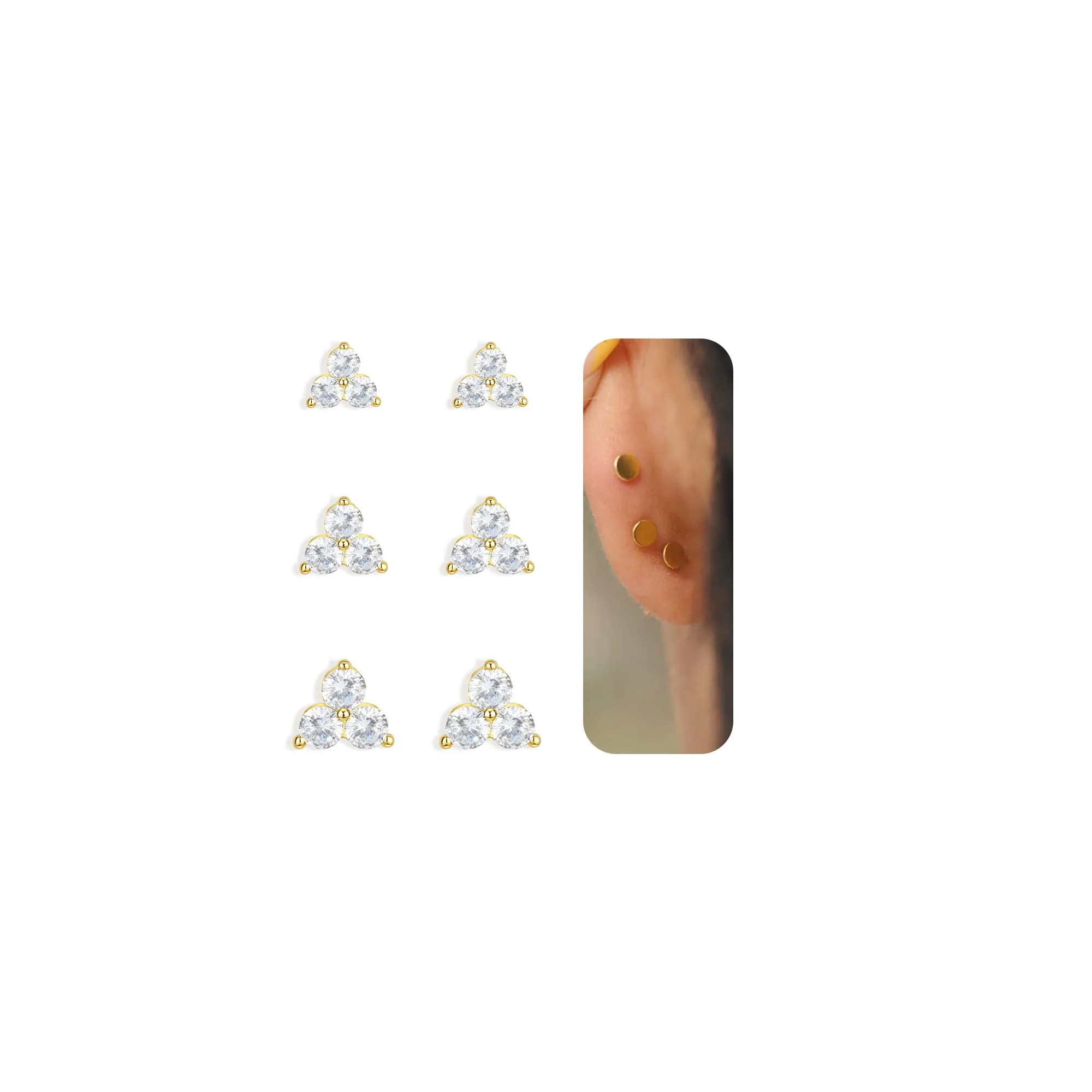 BodyBonita 3 Paia Orecchini Donna con Chiusura Piatta, Orecchini a Bottone con Perni in Argento Sterling 925,Set Orecchini Placcati in Oro 16K, a Tre Foglie CZ Piercing Orecchio Color Oro - immagine 1
