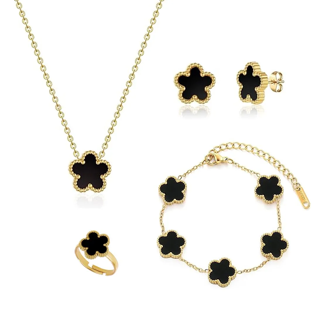 Parure Gioielli Quadrifoglio da Donna 18K Placcato Oro Acciaio Inossidabile Fortunato Quadrifoglio Collana Orecchini Bracciali Anello Fiore Set di Gioielli Regalo Per Fidanzata Mamma Sposa (Nero) - immagine 1