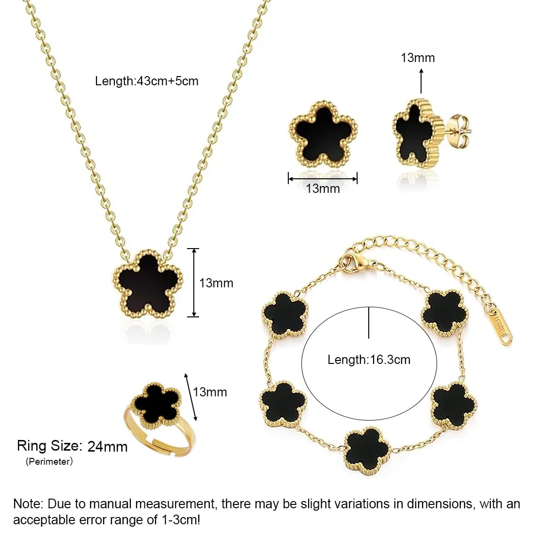 Parure Gioielli Quadrifoglio da Donna 18K Placcato Oro Acciaio Inossidabile Fortunato Quadrifoglio Collana Orecchini Bracciali Anello Fiore Set di Gioielli Regalo Per Fidanzata Mamma Sposa (Nero) - immagine 2