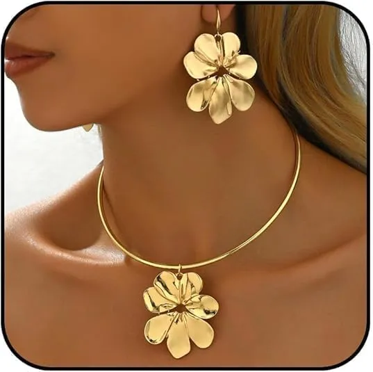 Floreale Gioielli Set, Set di Gioielli con Fiori, Oro Parure Gioiellis Donna, Gioiellis Donna Estiva Set, Ciondolo Orecchini Collana Fiore, Orecchini Fiore Oros, Oros Parure Gioiellies Donnas (Oro A) - immagine 3