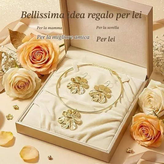 Floreale Gioielli Set, Set di Gioielli con Fiori, Oro Parure Gioiellis Donna, Gioiellis Donna Estiva Set, Ciondolo Orecchini Collana Fiore, Orecchini Fiore Oros, Oros Parure Gioiellies Donnas (Oro A) - immagine 4