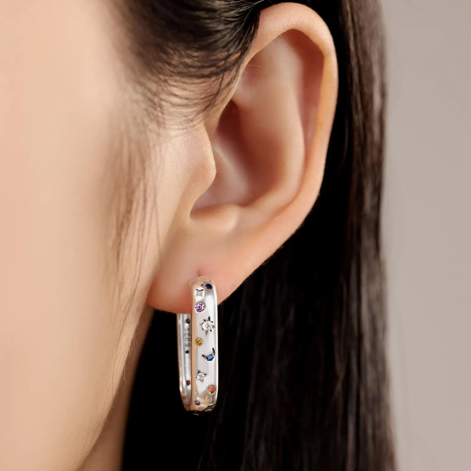 PANPOKI Orecchini a cerchio in argento Sterling 925 a forma di stella e luna, con zirconia cubica scintillante, leggeri, da donna, con confezione regalo, regalo di compleanno per mamma, 1, Argento - immagine 5