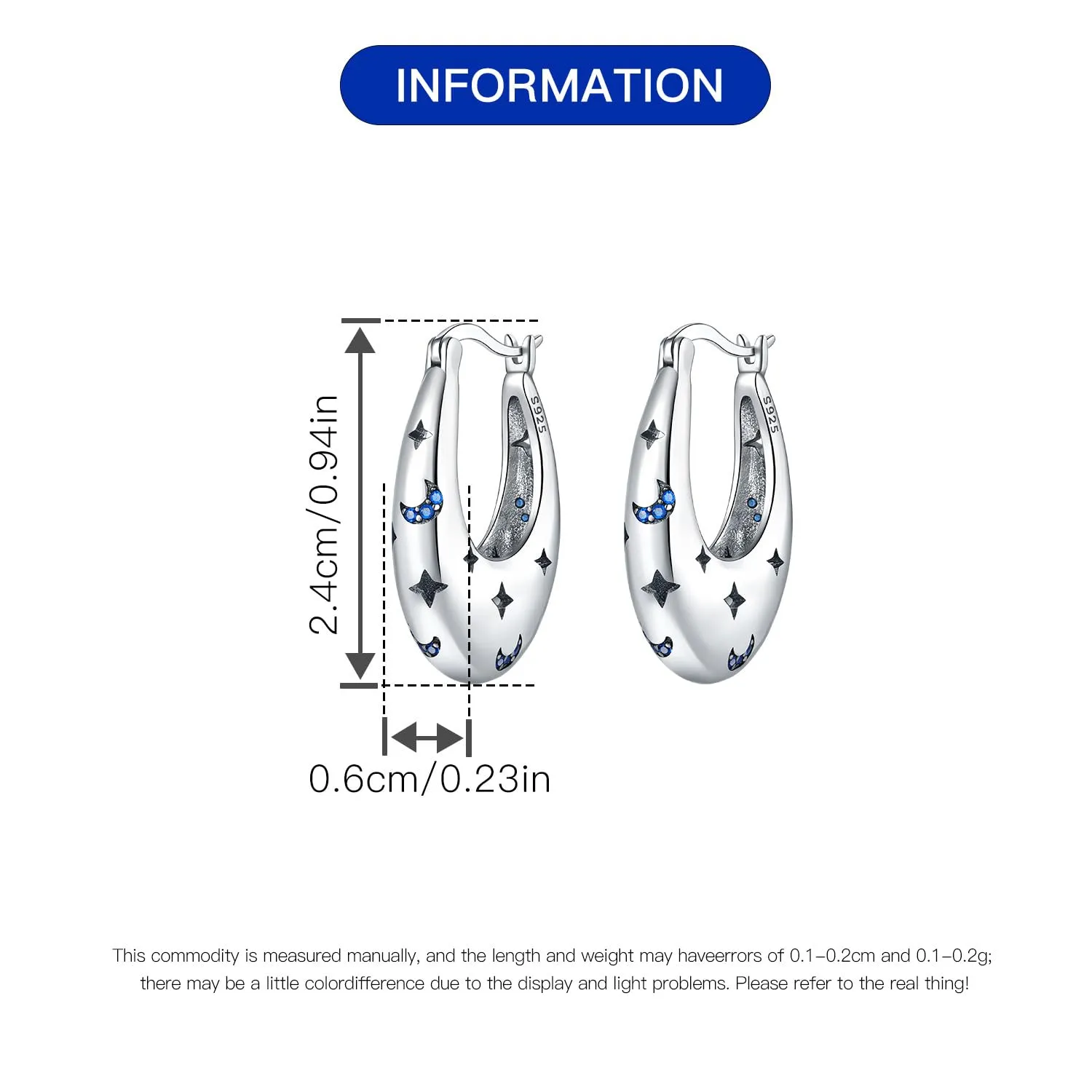PANPOKI Orecchini a cerchio in argento Sterling 925 a forma di stella e luna, con zirconia cubica scintillante, leggeri, da donna, con confezione regalo, regalo di compleanno per mamma, 1, Argento - immagine 3