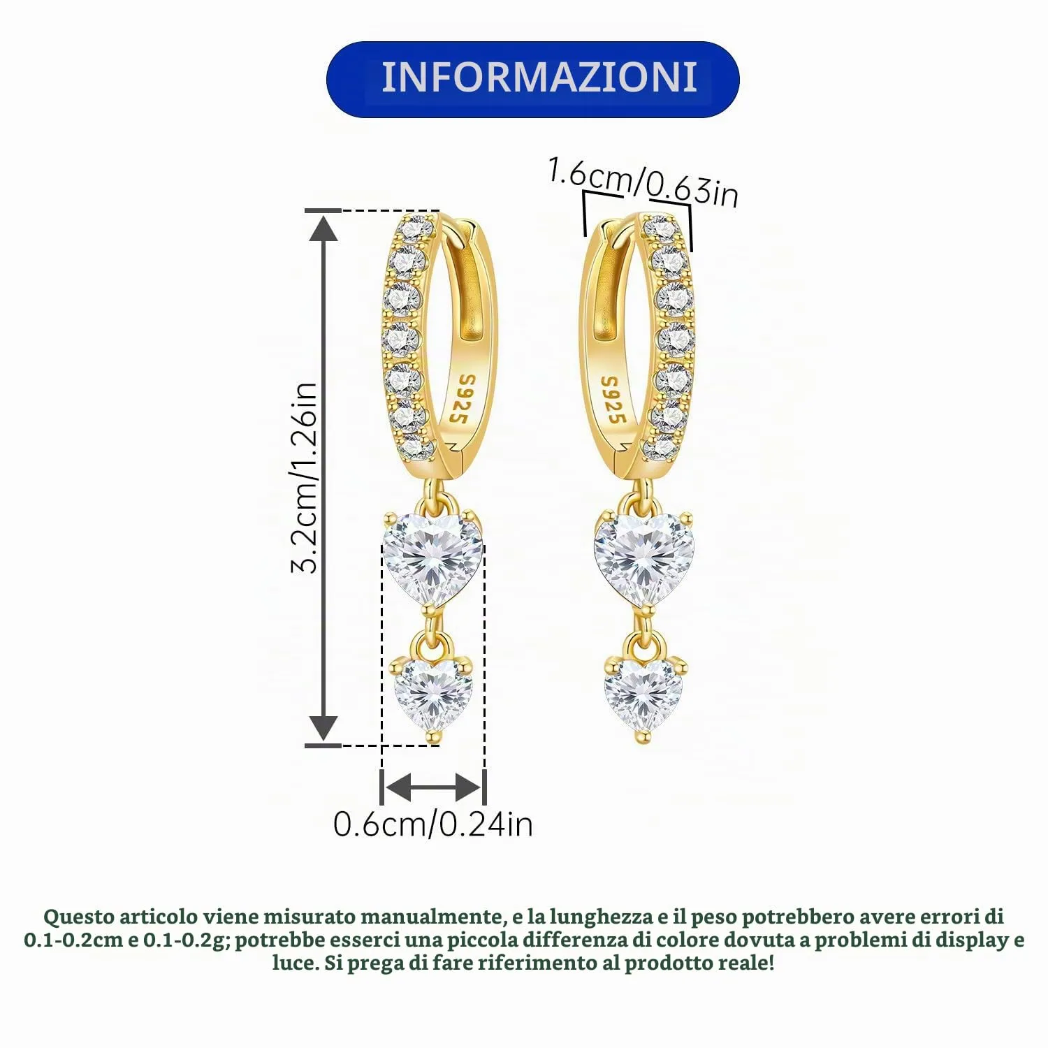 PANPOKI Orecchini a forma di cuore, in argento 925, con zirconi, ipoallergenici, minimalisti, 1, Argento sterling, Zircone - immagine 3