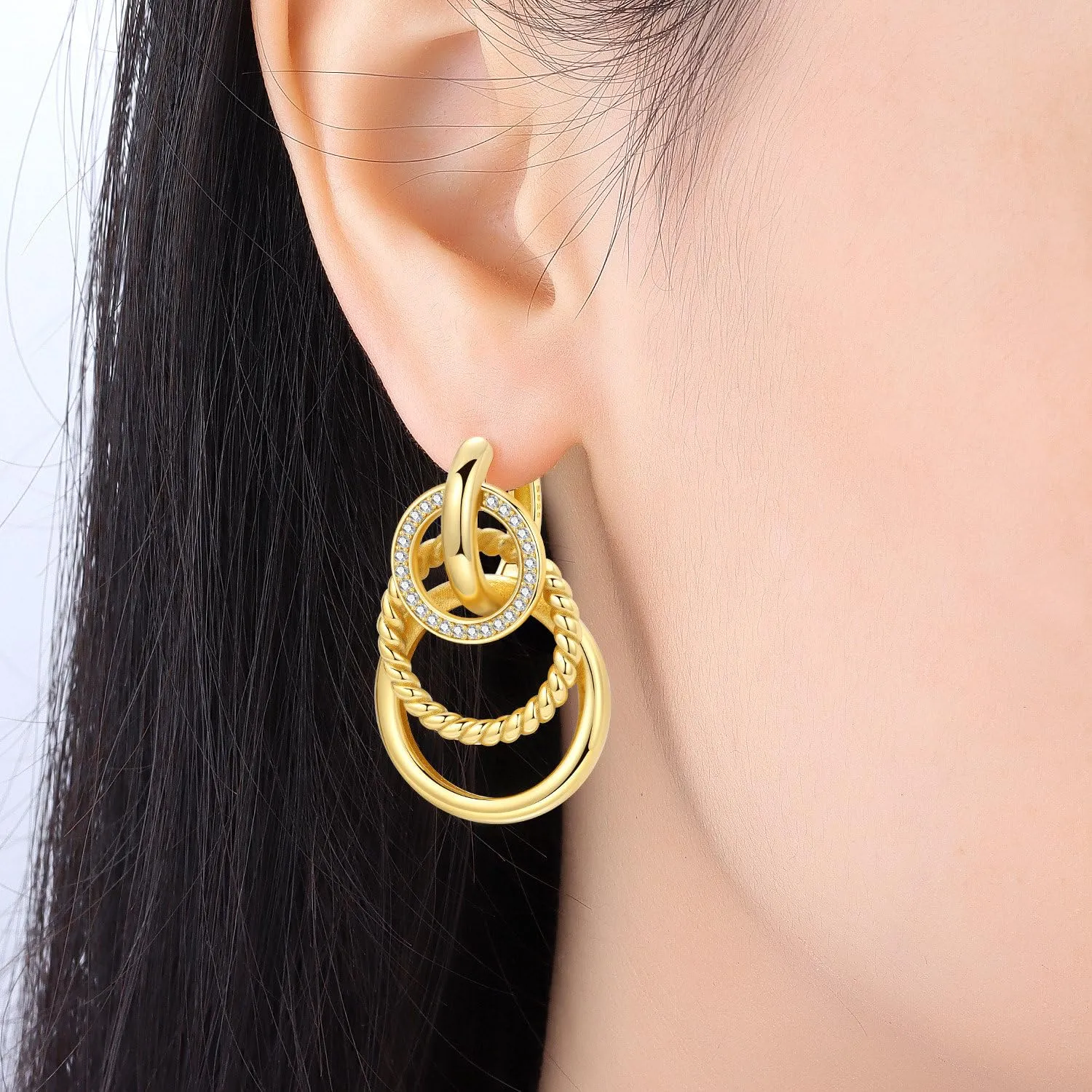 PANPOKI Orecchini pendenti a cuore, stella e luna in argento Sterling 925 placcato in oro 14 carati – Leggeri orecchini a cerchio con zirconia cubica | Gioielli ipoallergenici da donna | Confezione - immagine 4