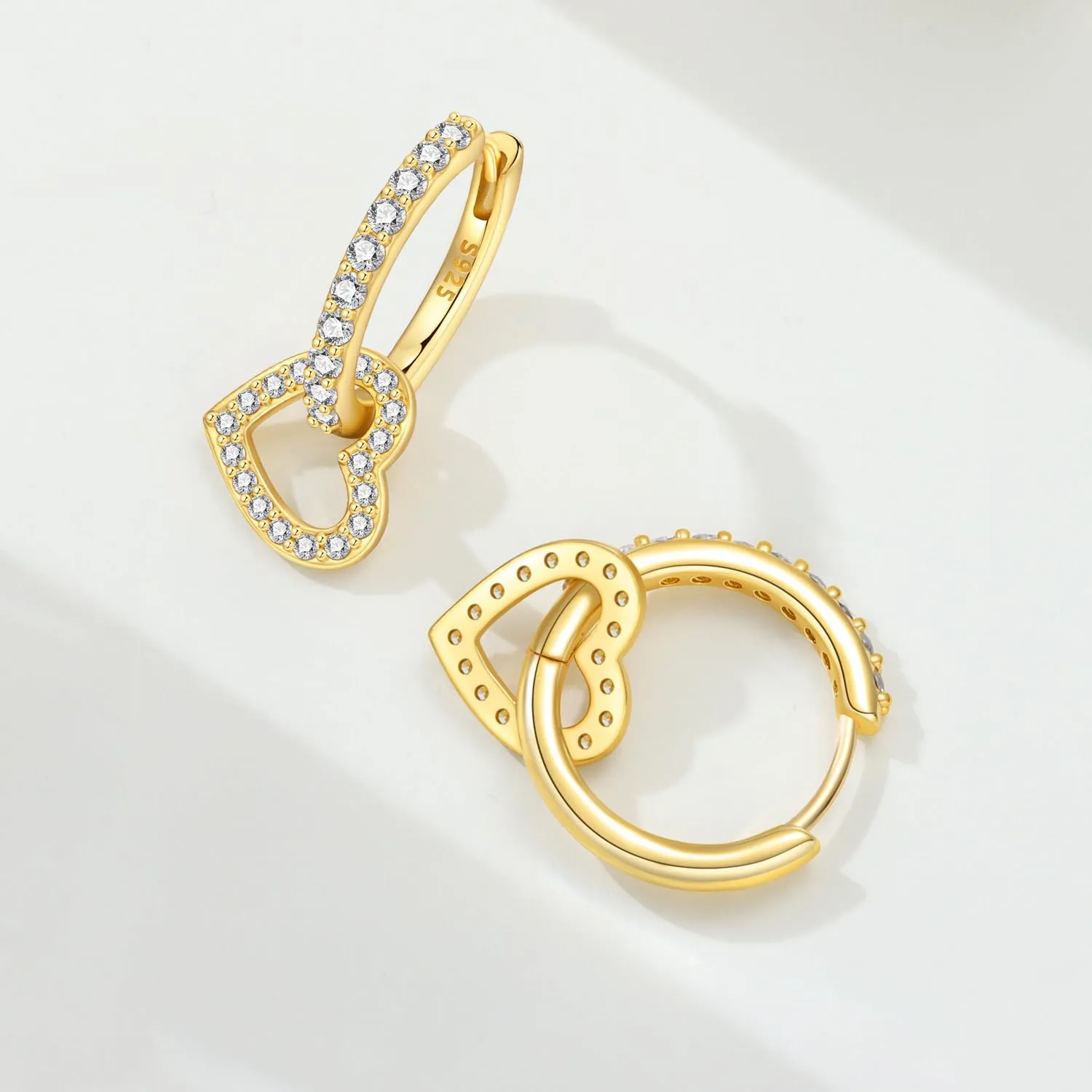 PANPOKI Orecchini a Cerchio Cuore e Stella Luna in Argento 925 Placcato Oro 14K – Orecchini Pendenti con Zircone | Gioielli Ipoallergenici Leggeri | Cofanetto + Panno, 1, Argento sterling - immagine 2