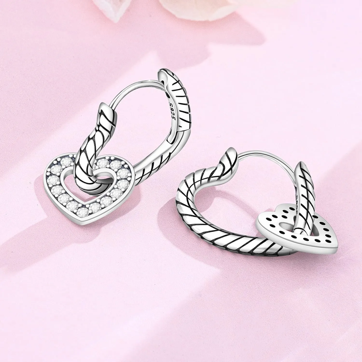 PANPOKI Orecchini a forma di cuore, in argento 925, con zirconi, ipoallergenici, minimalisti, 1, Argento sterling, Zircone - immagine 2