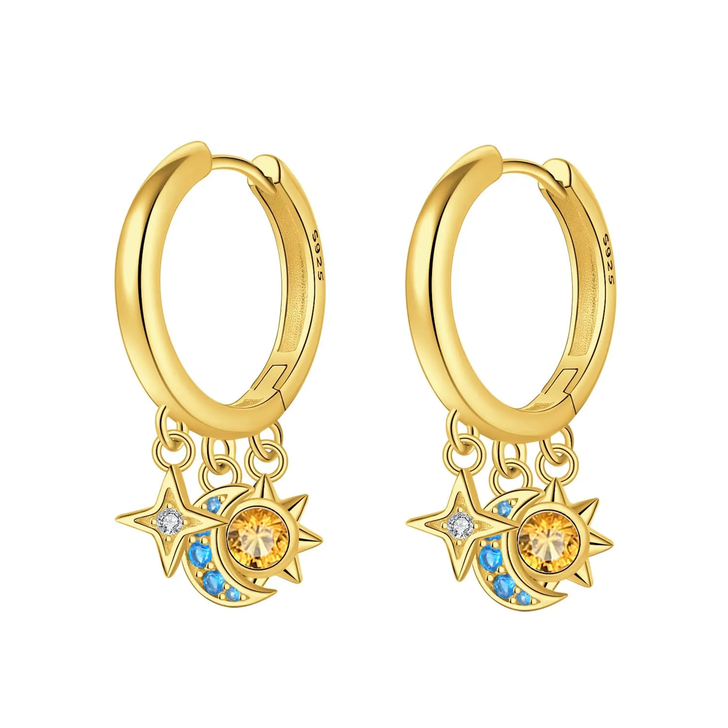PANPOKI Orecchini a cerchio in argento Sterling 925 a forma di stella e luna, con zirconia cubica scintillante, leggeri, da donna, con confezione regalo, regalo di compleanno per mamma, 1, Argento - immagine 1