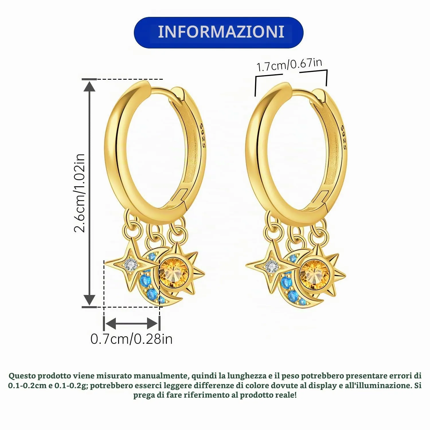 PANPOKI Orecchini a cerchio in argento Sterling 925 a forma di stella e luna, con zirconia cubica scintillante, leggeri, da donna, con confezione regalo, regalo di compleanno per mamma, 1, Argento - immagine 3