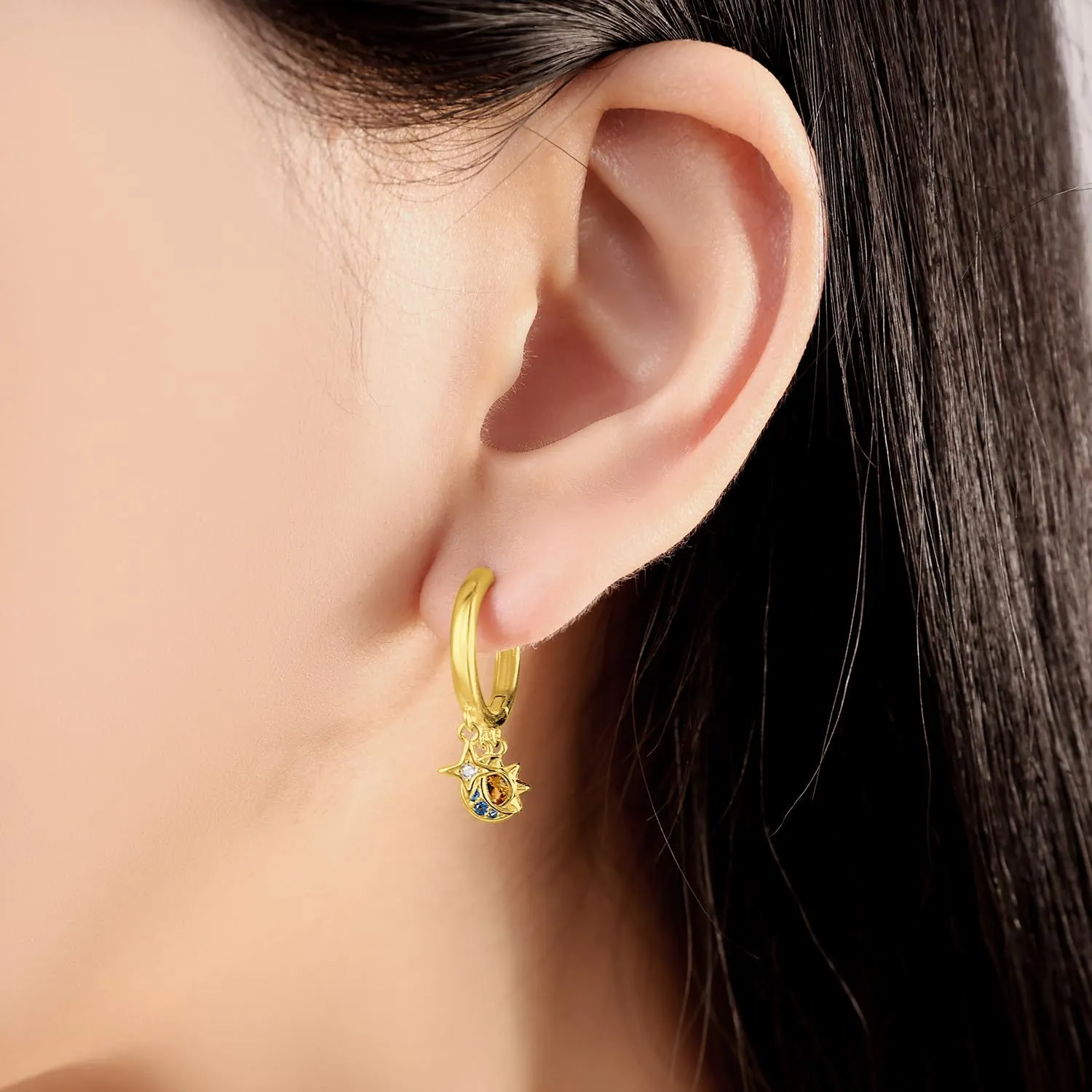 PANPOKI Orecchini a cerchio in argento Sterling 925 a forma di stella e luna, con zirconia cubica scintillante, leggeri, da donna, con confezione regalo, regalo di compleanno per mamma, 1, Argento - immagine 4