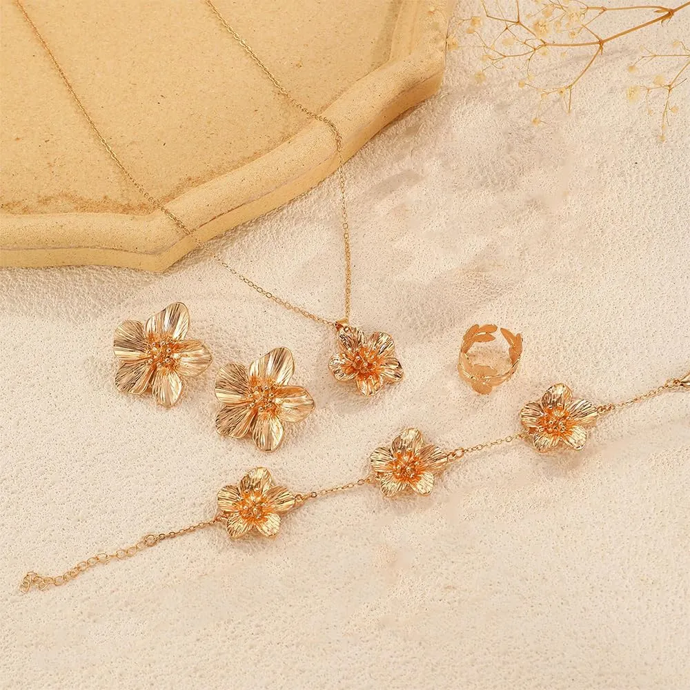 XFSRG 4 Pezzi Parure Gioielli Donna Fiore Set di Gioielli Floreali Ciondolo Orecchini Collana Orecchini Grandi Fiore Collana con Ciondolo a Forma di Fiori per Occasioni Speciali (Oro) - immagine 4