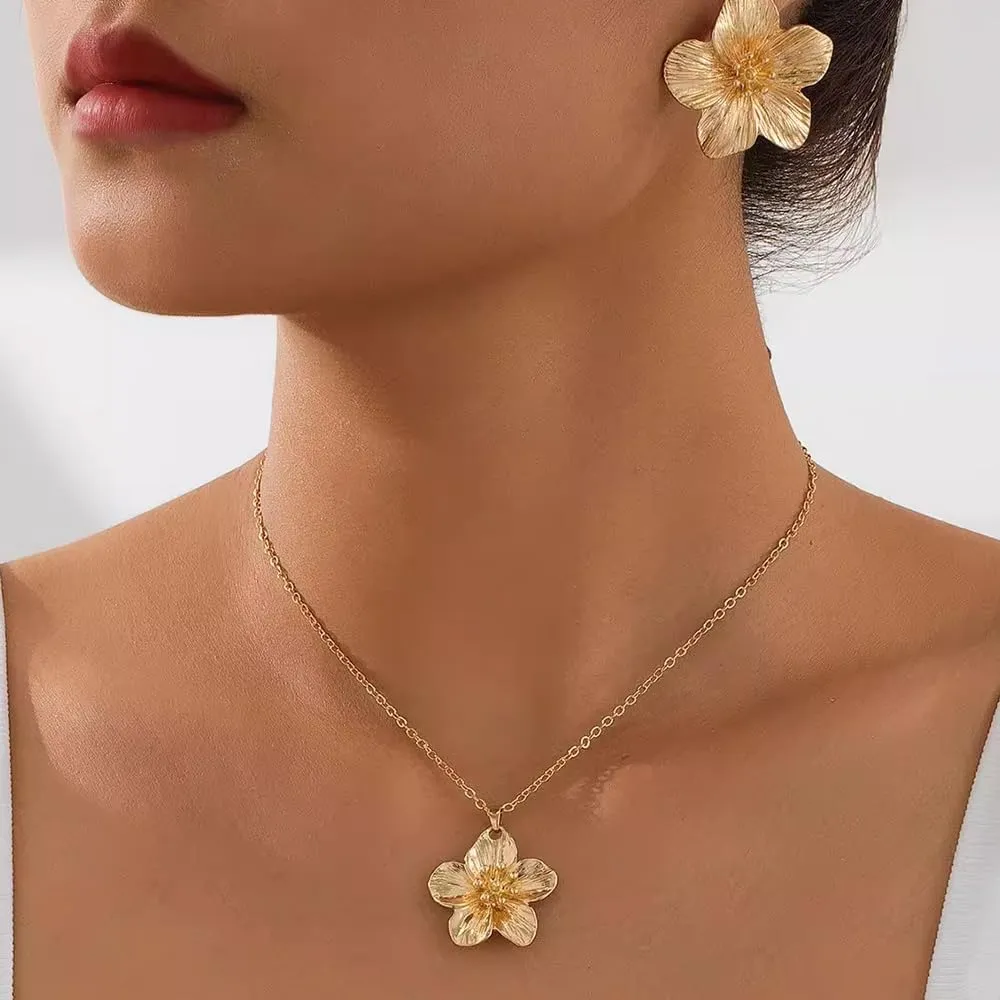 XFSRG 4 Pezzi Parure Gioielli Donna Fiore Set di Gioielli Floreali Ciondolo Orecchini Collana Orecchini Grandi Fiore Collana con Ciondolo a Forma di Fiori per Occasioni Speciali (Oro) - immagine 6