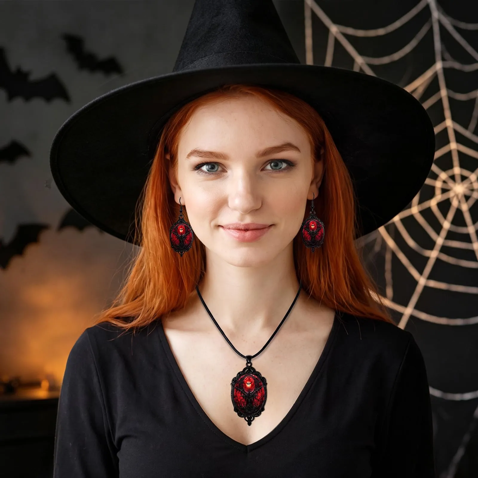 Gioielli Gotici Set Halloween, Collana Ciondolo Pipistrello e Orecchini - immagine 6
