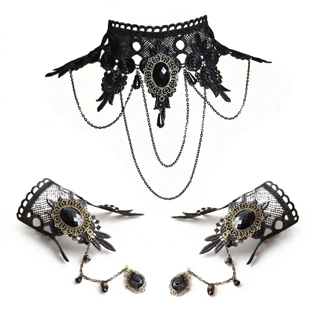 Collana di Pizzo Nero Gotica con Bracciale, Girocollo Donna 3 Pezzi - immagine 1