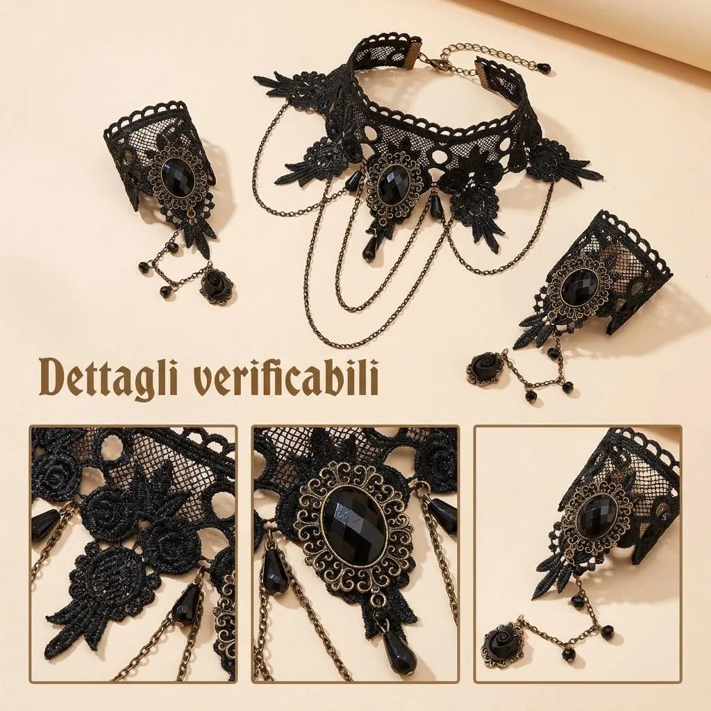 Collana di Pizzo Nero Gotica con Bracciale, Girocollo Donna 3 Pezzi - immagine 2