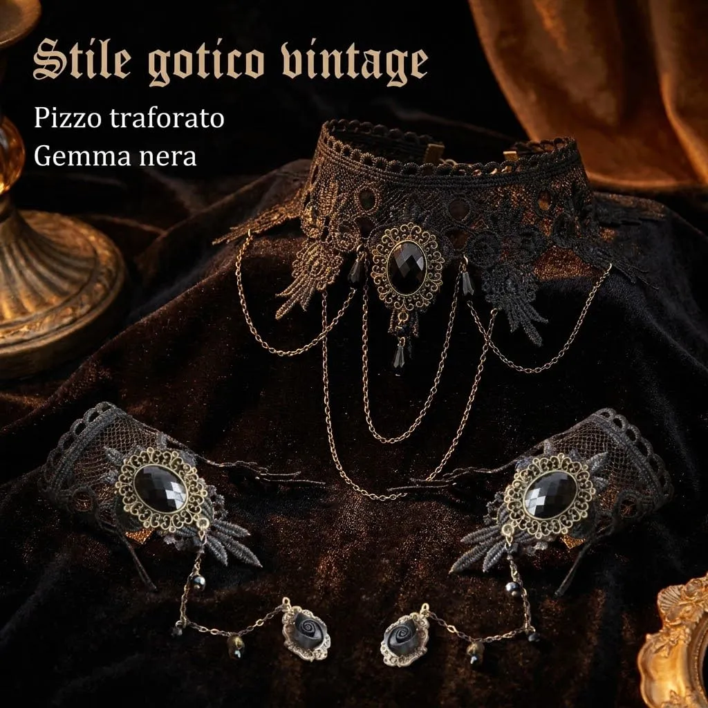 Collana di Pizzo Nero Gotica con Bracciale, Girocollo Donna 3 Pezzi - immagine 3