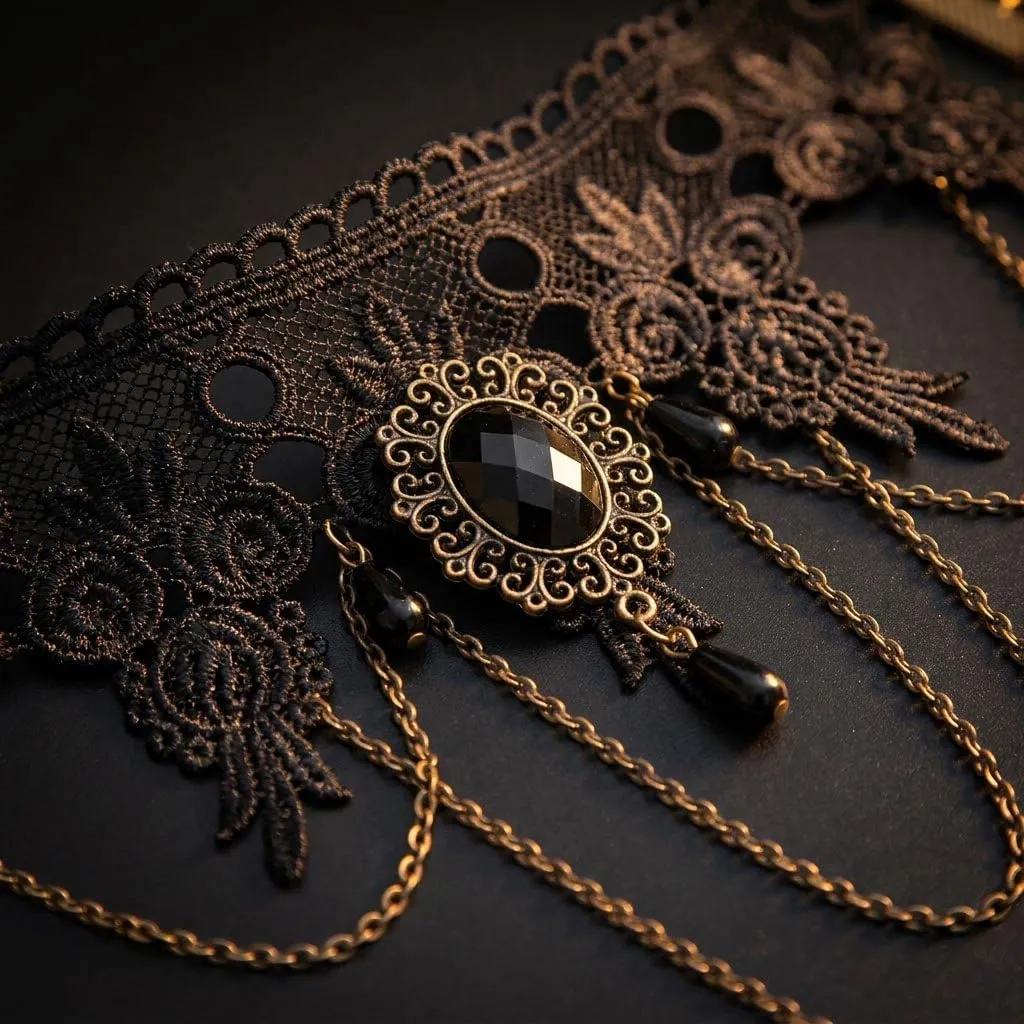 Collana di Pizzo Nero Gotica con Bracciale, Girocollo Donna 3 Pezzi - immagine 4