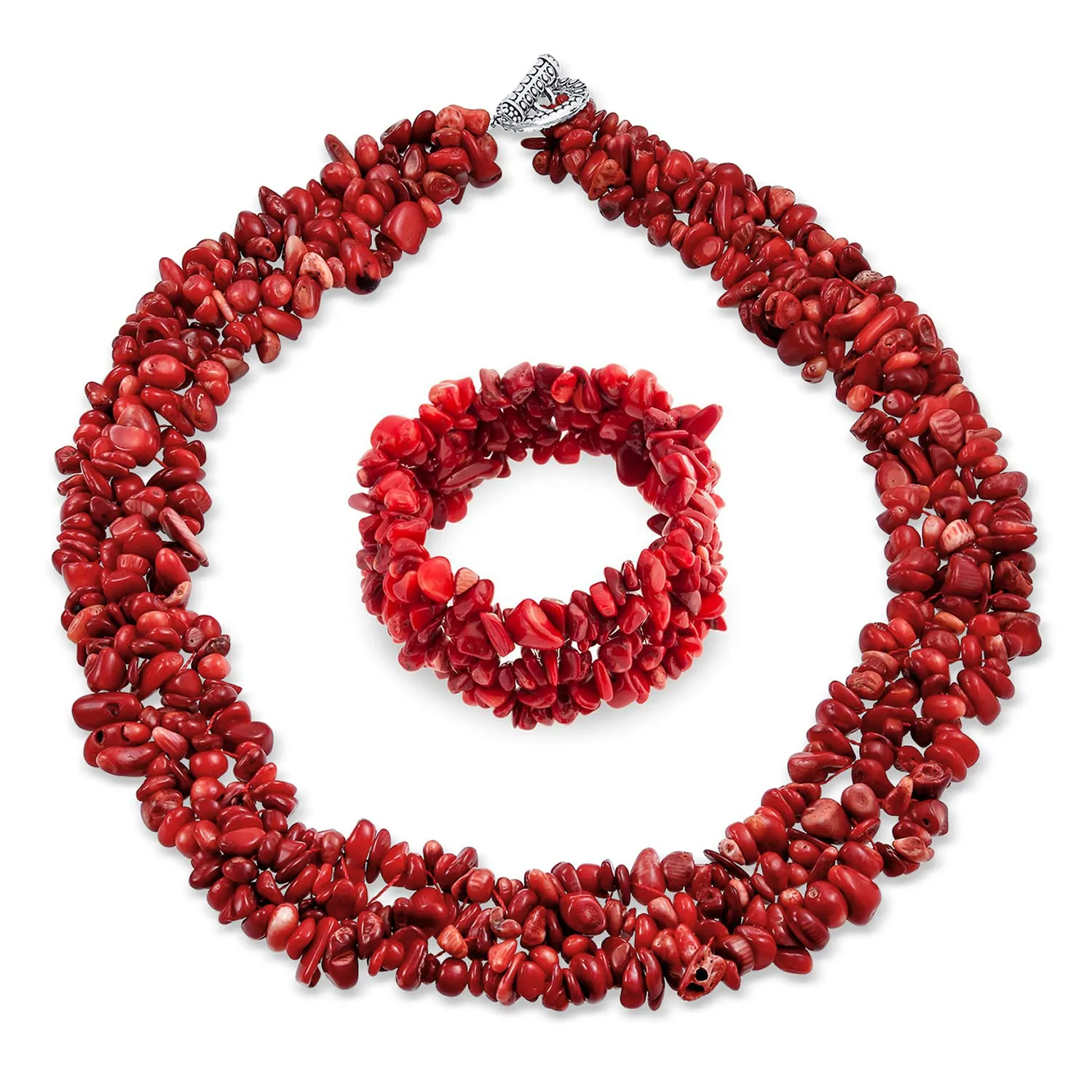 Ampio Cluster Di Corallo Rosso Tinto Chips Bib Statement Collar Necklace Stretch Bracelet Jewelry Set Per Le Donne - immagine 1