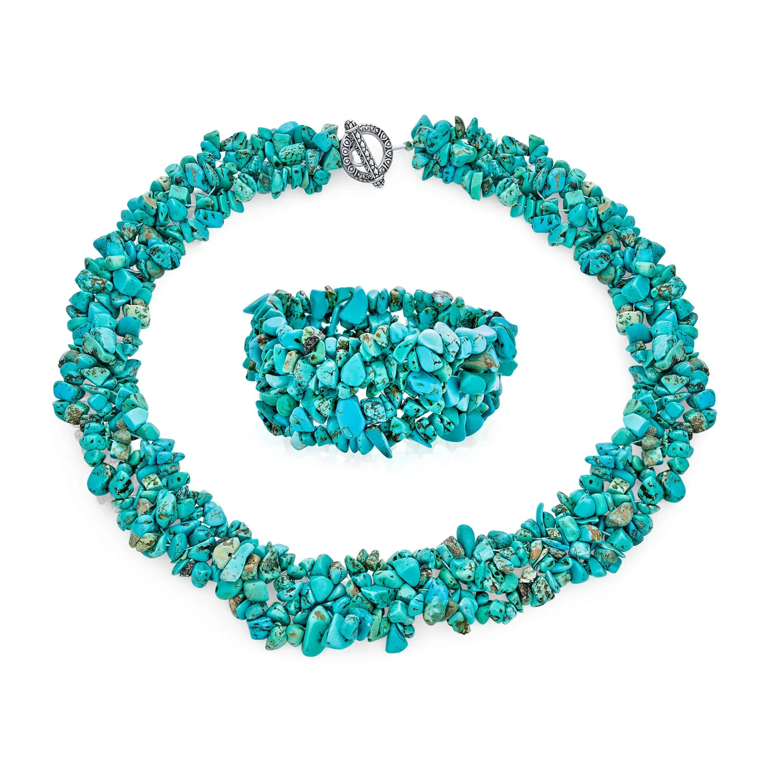Bling Jewelry Ampio Cluster Stabilizzato Turchese Chips Bib Dichiarazione Collare Collana Braccialetto Elastico Per Le Donne Set Di Gioielli - immagine 1