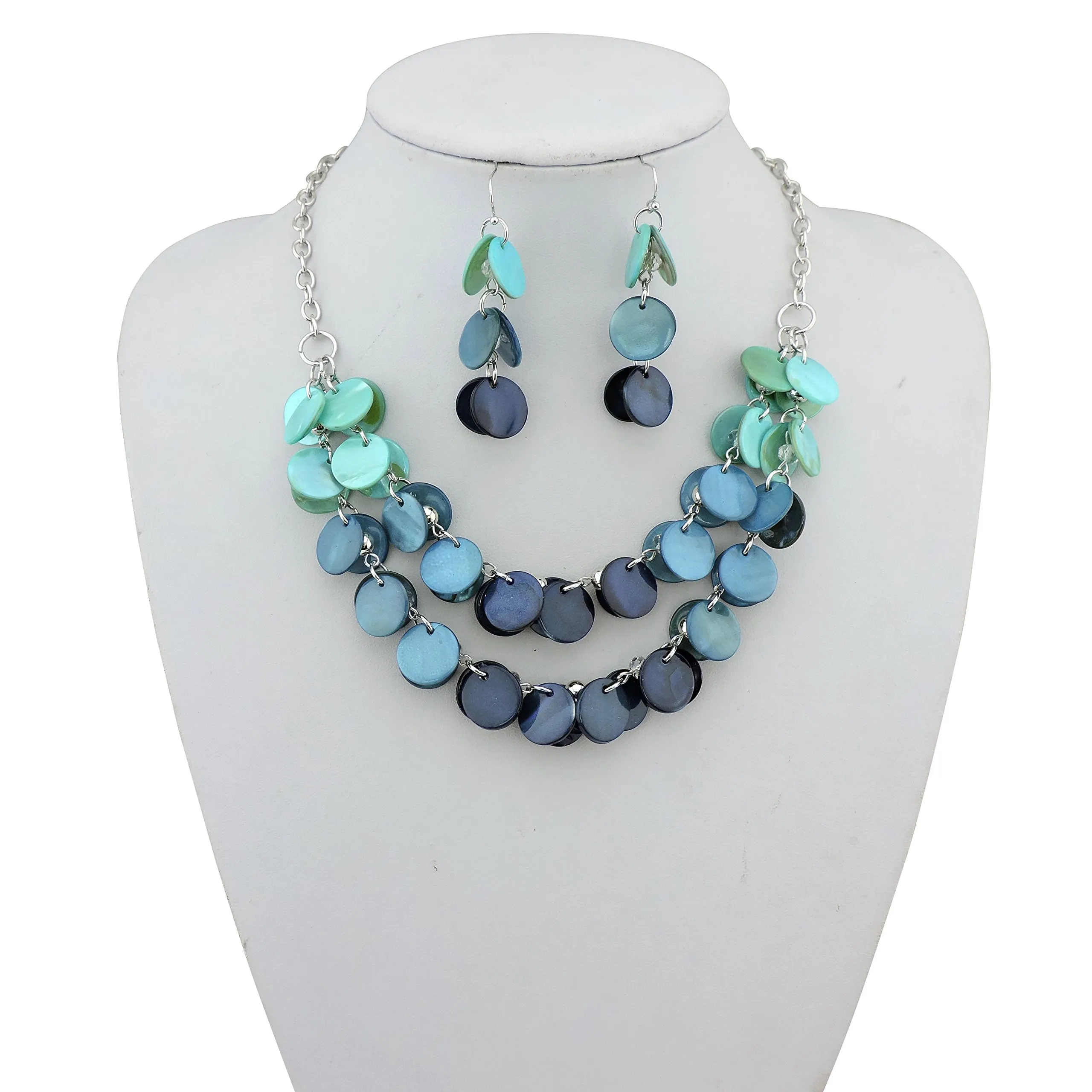 Bocar 2 Strati Dichiarazione Girocollo Shell Collana e Orecchini Set per Le Donne Regalo(NK-10248-blue) - immagine 2