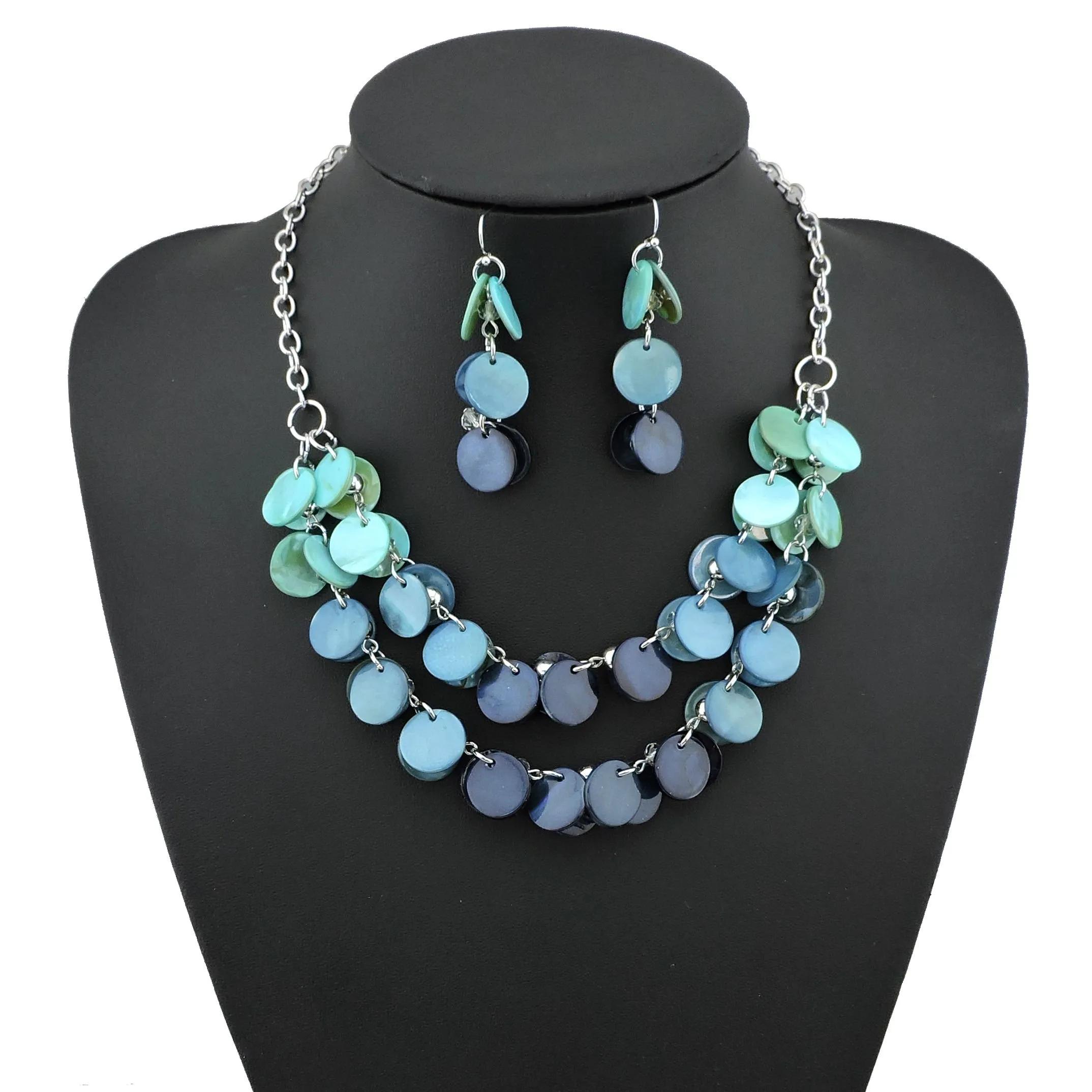 Bocar 2 Strati Dichiarazione Girocollo Shell Collana e Orecchini Set per Le Donne Regalo(NK-10248-blue) - immagine 3