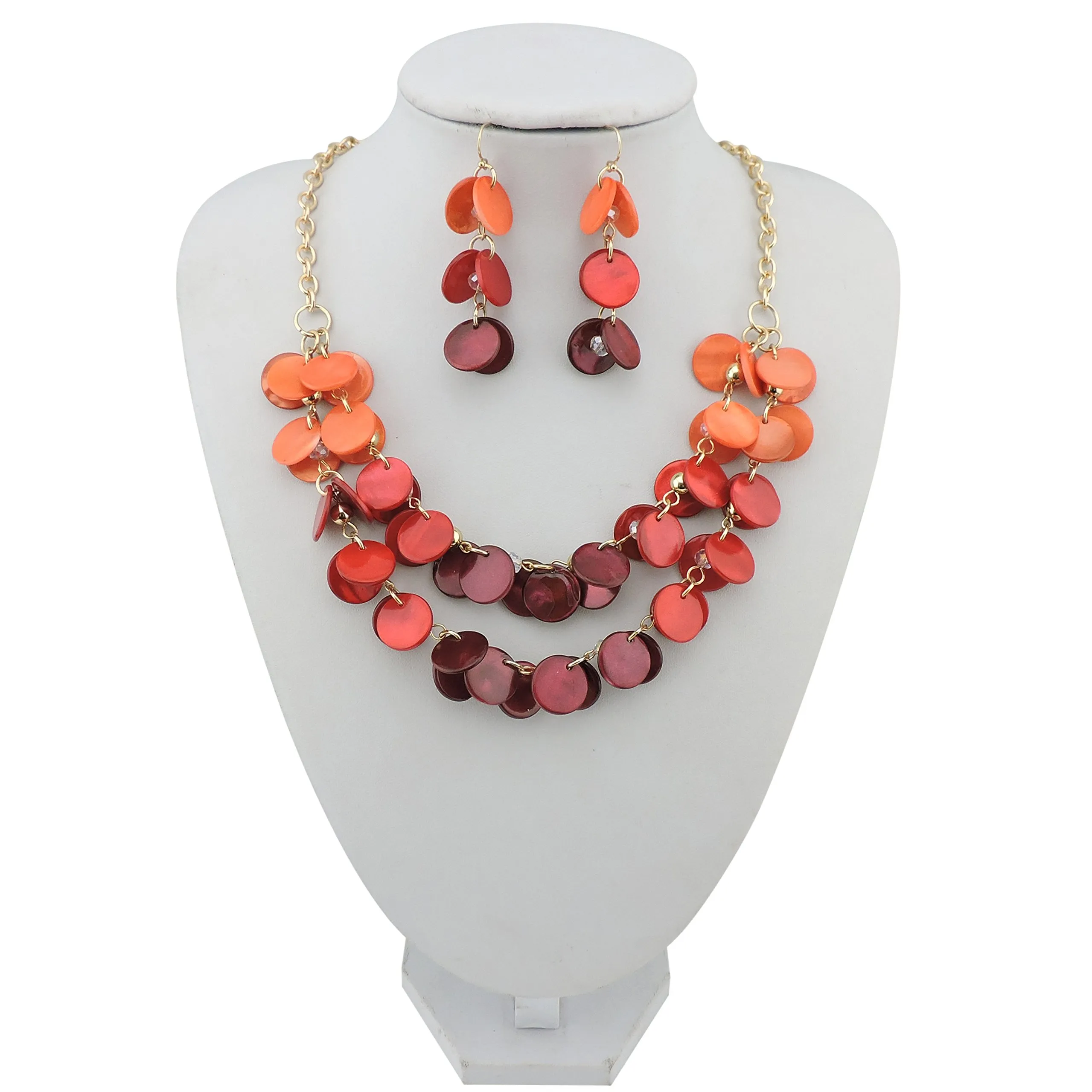 Bocar 2 Strati Dichiarazione Girocollo Shell Collana e Orecchini Set per Le Donne Regalo(NK-10248-orange+Red+Wine) - immagine 2