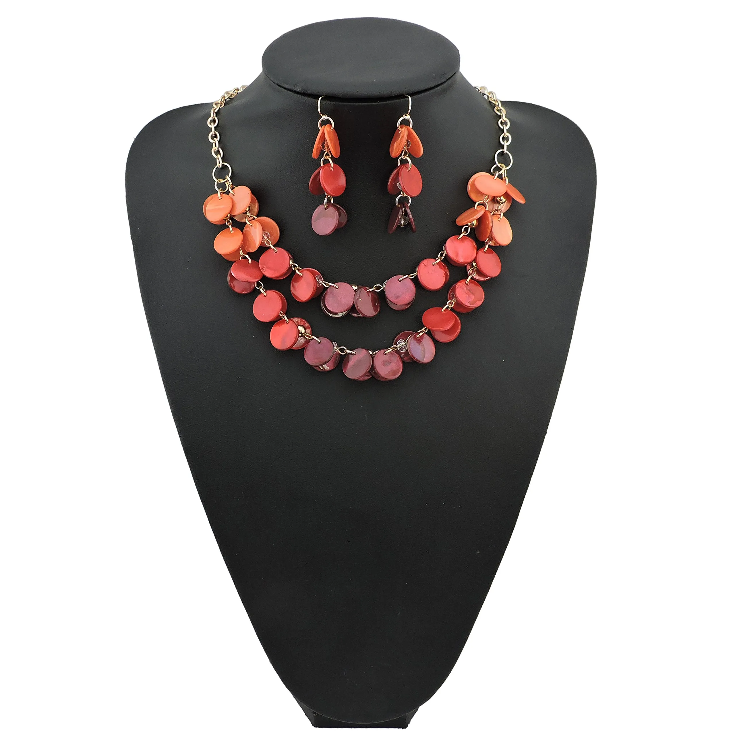 Bocar 2 Strati Dichiarazione Girocollo Shell Collana e Orecchini Set per Le Donne Regalo(NK-10248-orange+Red+Wine) - immagine 3