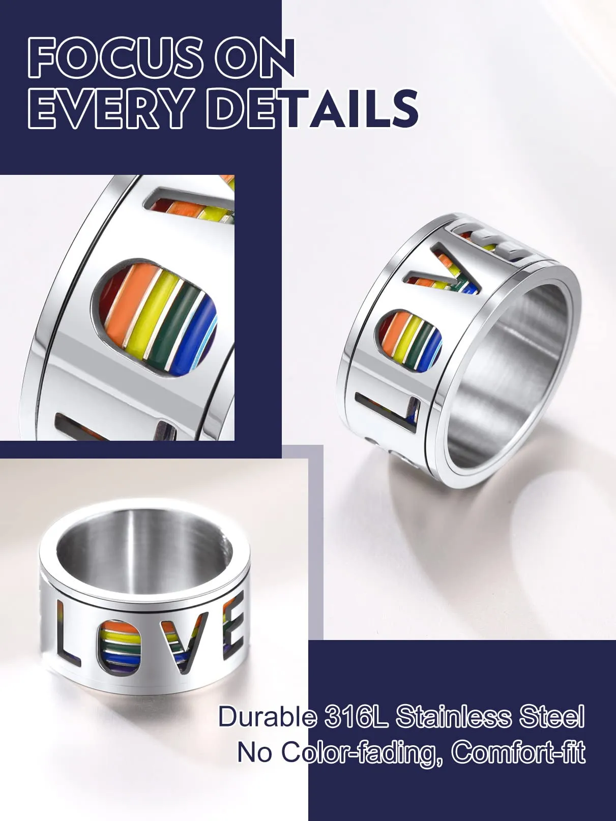 Bandmax LGBT Gay Pride Anello Uomo Arcobaleno Girevole, Argento Anelli Uomo in Acciaio Inossidabile, 22 Taglia Anello Gioielli Donna Uomo di Moda, Idee Regalo per Coppia Amici - immagine 6