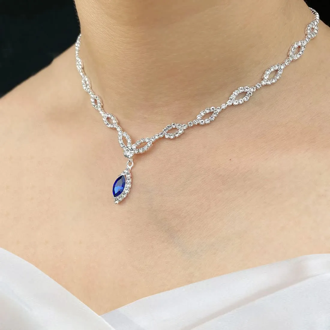 Wedity Wedding Crystal Collana Orecchini Set Sposa Girocollo Collane Gioielli con ciondolo blu per donne e ragazze (blu 1) - immagine 2