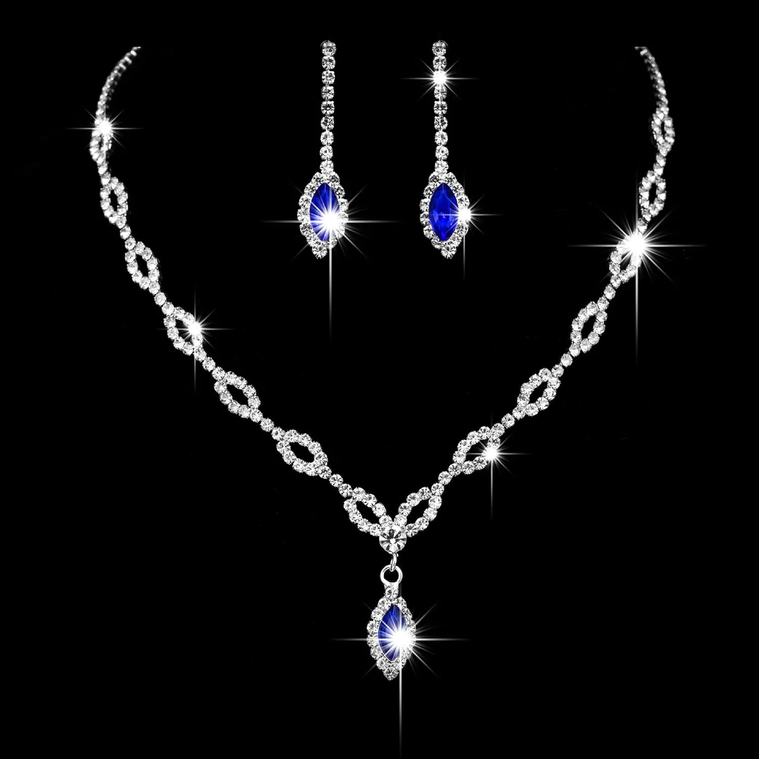 Wedity Wedding Crystal Collana Orecchini Set Sposa Girocollo Collane Gioielli con ciondolo blu per donne e ragazze (blu 1) - immagine 3