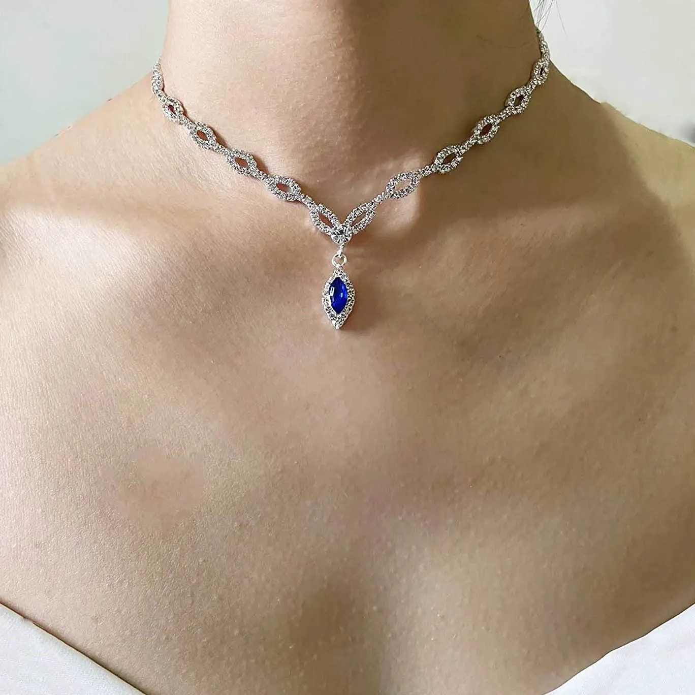 Wedity Wedding Crystal Collana Orecchini Set Sposa Girocollo Collane Gioielli con ciondolo blu per donne e ragazze (blu 1) - immagine 5