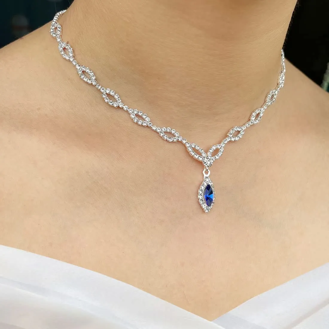 Wedity Wedding Crystal Collana Orecchini Set Sposa Girocollo Collane Gioielli con ciondolo blu per donne e ragazze (blu 1) - immagine 6