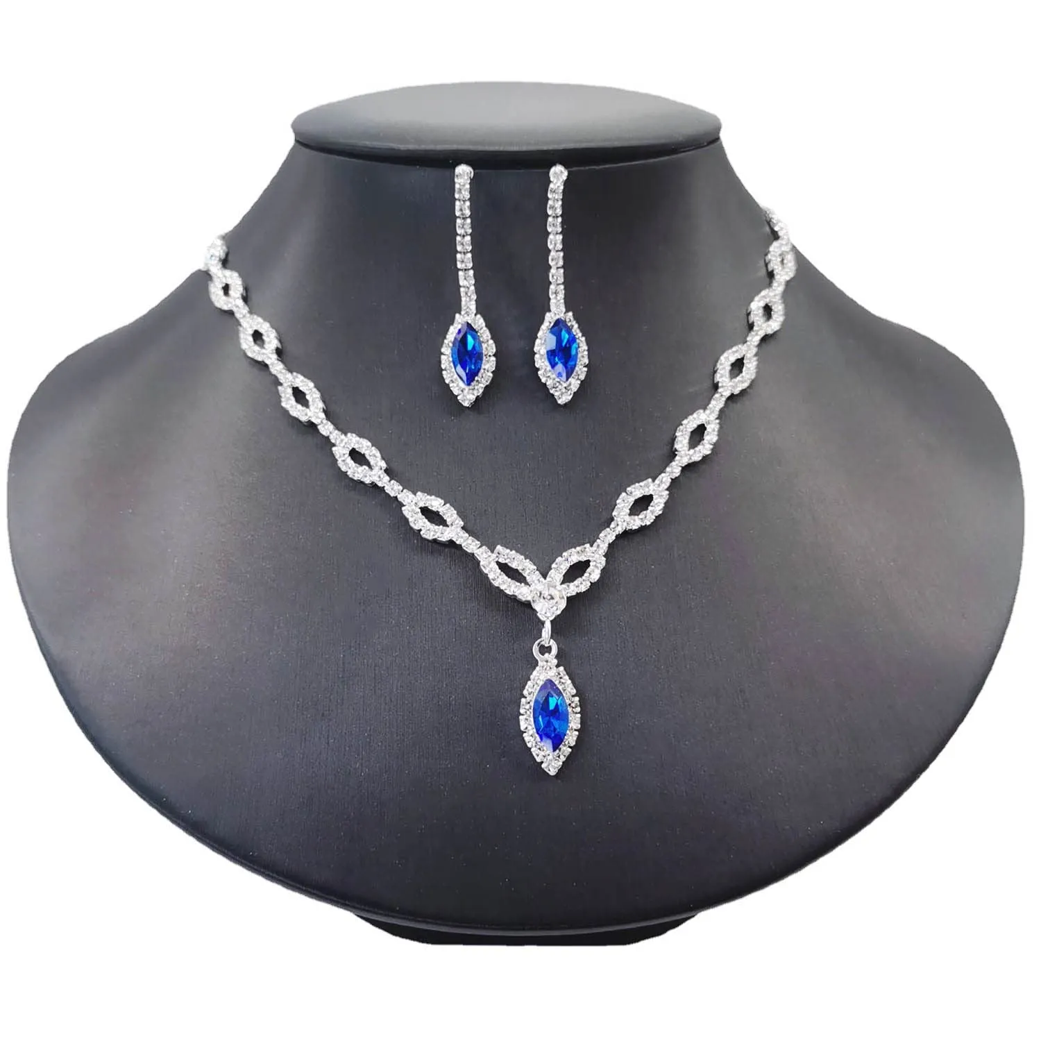 Wedity Wedding Crystal Collana Orecchini Set Sposa Girocollo Collane Gioielli con ciondolo blu per donne e ragazze (blu 1) - immagine 7