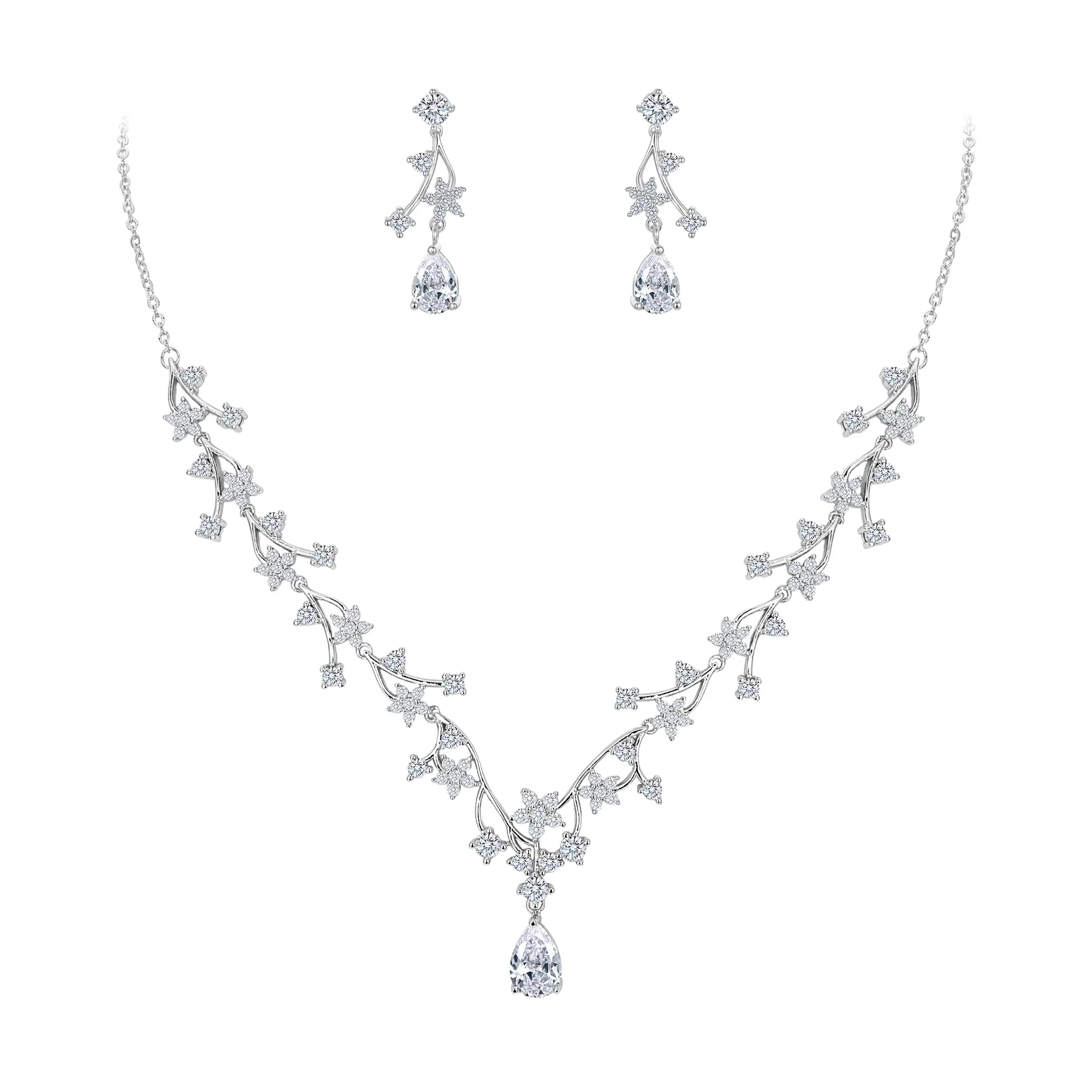 EVER FAITH Set di Gioielli per Banchetto di Nozze per la Sposa Bianco Goccia Rotondo Taglio CZ Fiore Cluster Vine Collana Orecchini Argento Fondo - immagine 1