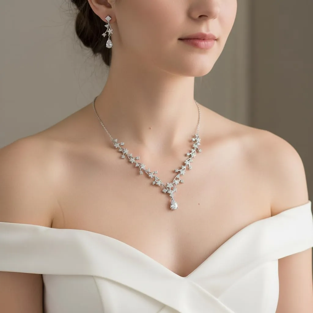 EVER FAITH Set di Gioielli per Banchetto di Nozze per la Sposa Bianco Goccia Rotondo Taglio CZ Fiore Cluster Vine Collana Orecchini Argento Fondo - immagine 2