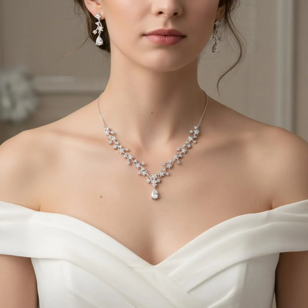 EVER FAITH Set di Gioielli per Banchetto di Nozze per la Sposa Bianco Goccia Rotondo Taglio CZ Fiore Cluster Vine Collana Orecchini Argento Fondo - immagine 3