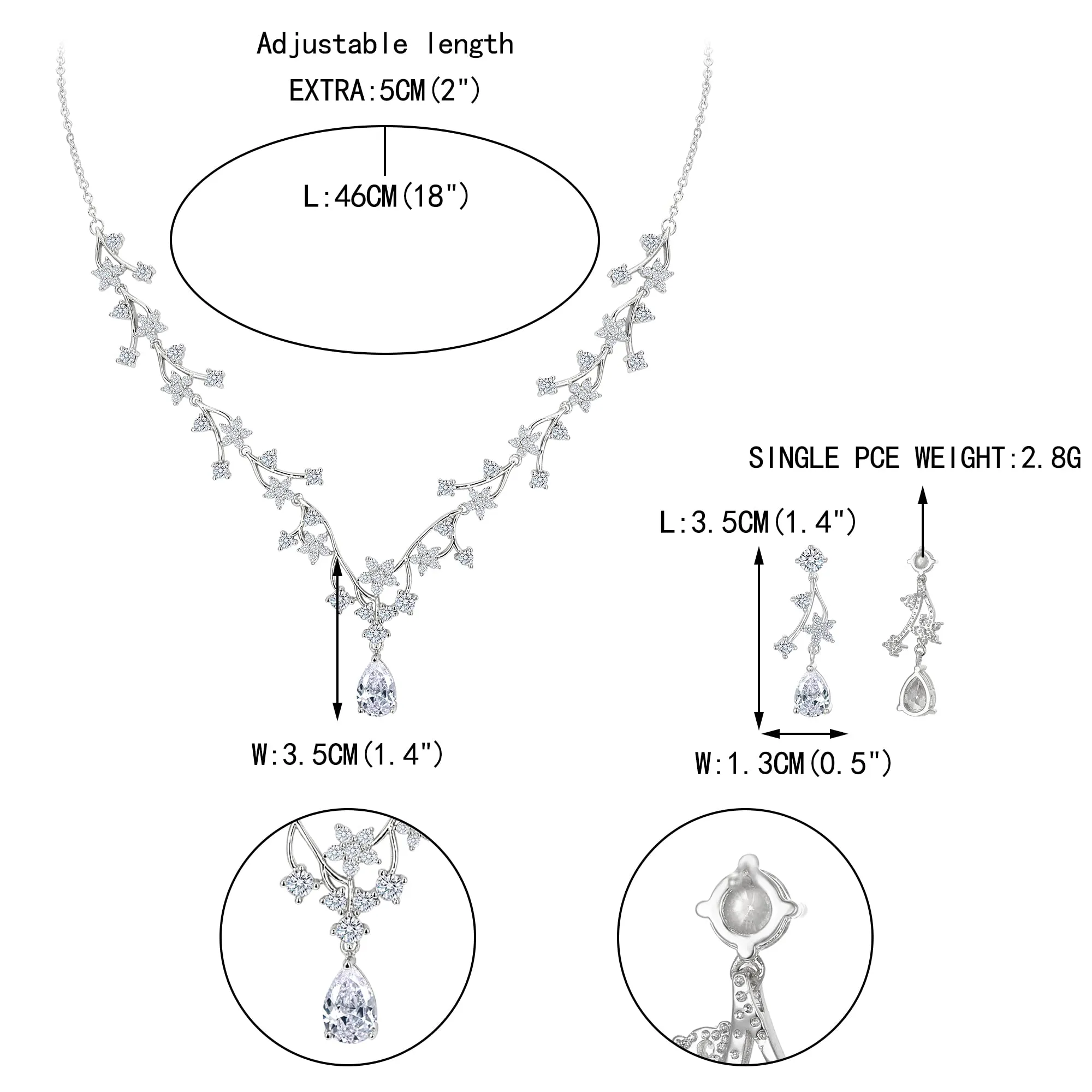 EVER FAITH Set di Gioielli per Banchetto di Nozze per la Sposa Bianco Goccia Rotondo Taglio CZ Fiore Cluster Vine Collana Orecchini Argento Fondo - immagine 5
