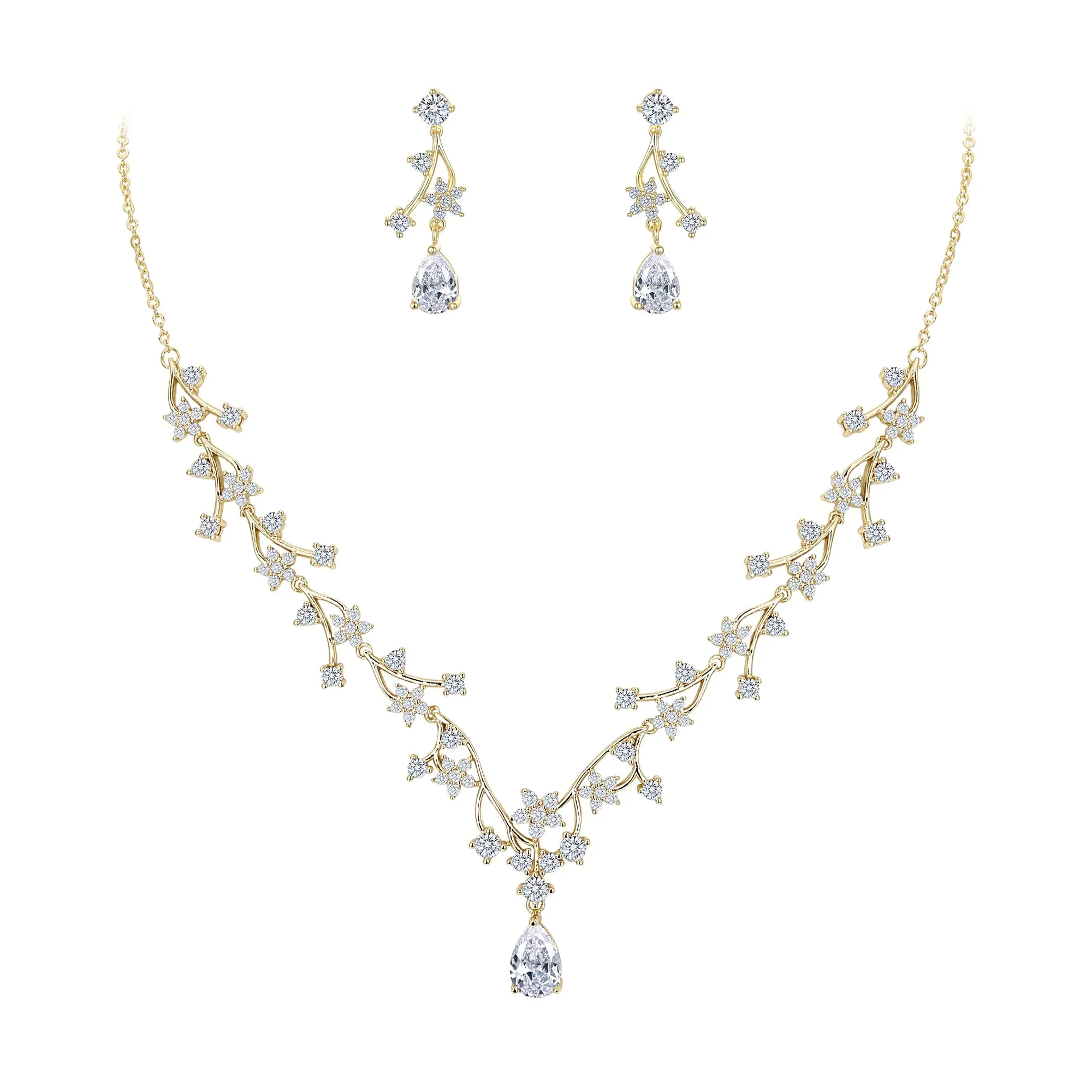 EVER FAITH Set di Gioielli per la Sposa Bianco Rotondo Goccia Zircone Fiore Cluster Vine Collana Orecchini 14K Oro Fondo - immagine 1