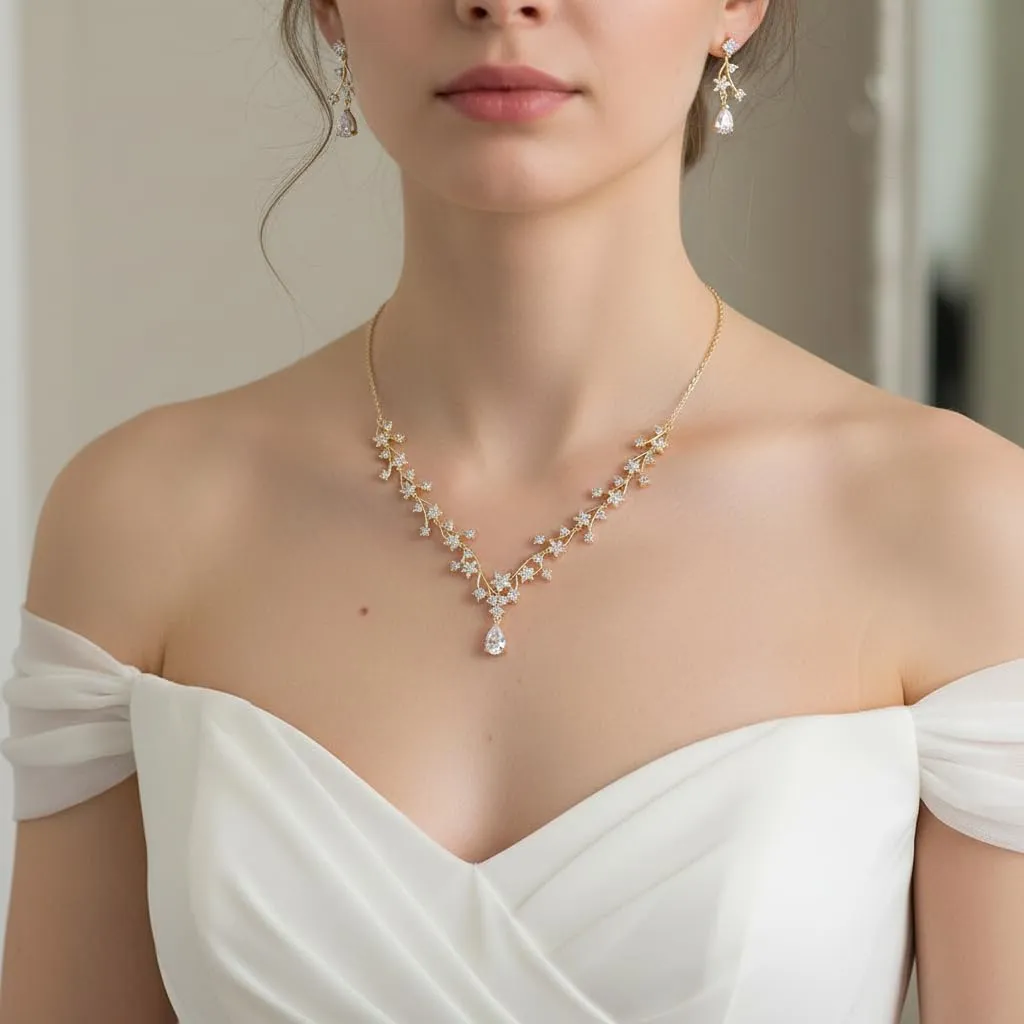 EVER FAITH Set di Gioielli per la Sposa Bianco Rotondo Goccia Zircone Fiore Cluster Vine Collana Orecchini 14K Oro Fondo - immagine 2