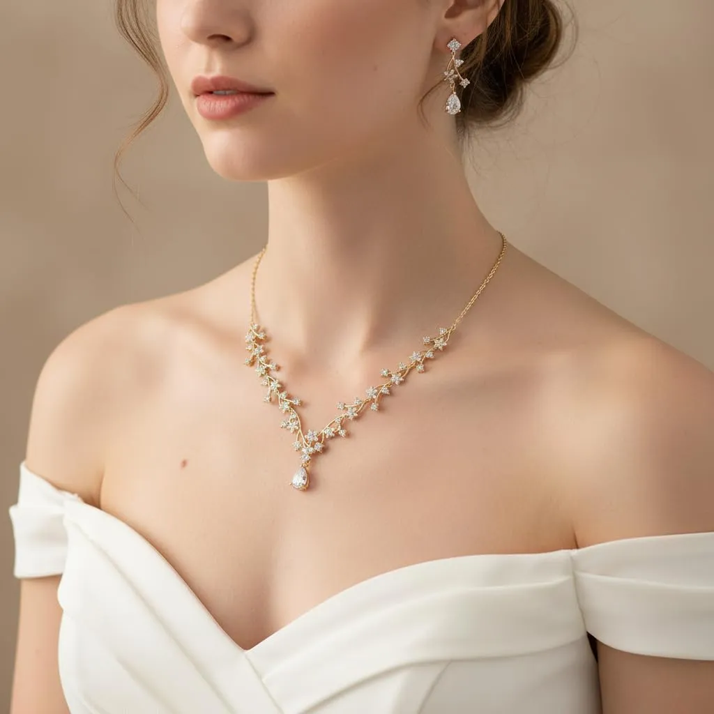 EVER FAITH Set di Gioielli per la Sposa Bianco Rotondo Goccia Zircone Fiore Cluster Vine Collana Orecchini 14K Oro Fondo - immagine 3