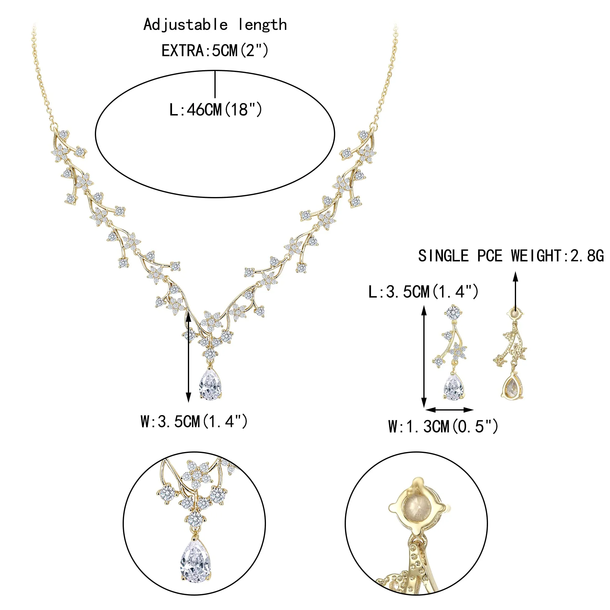 EVER FAITH Set di Gioielli per la Sposa Bianco Rotondo Goccia Zircone Fiore Cluster Vine Collana Orecchini 14K Oro Fondo - immagine 5
