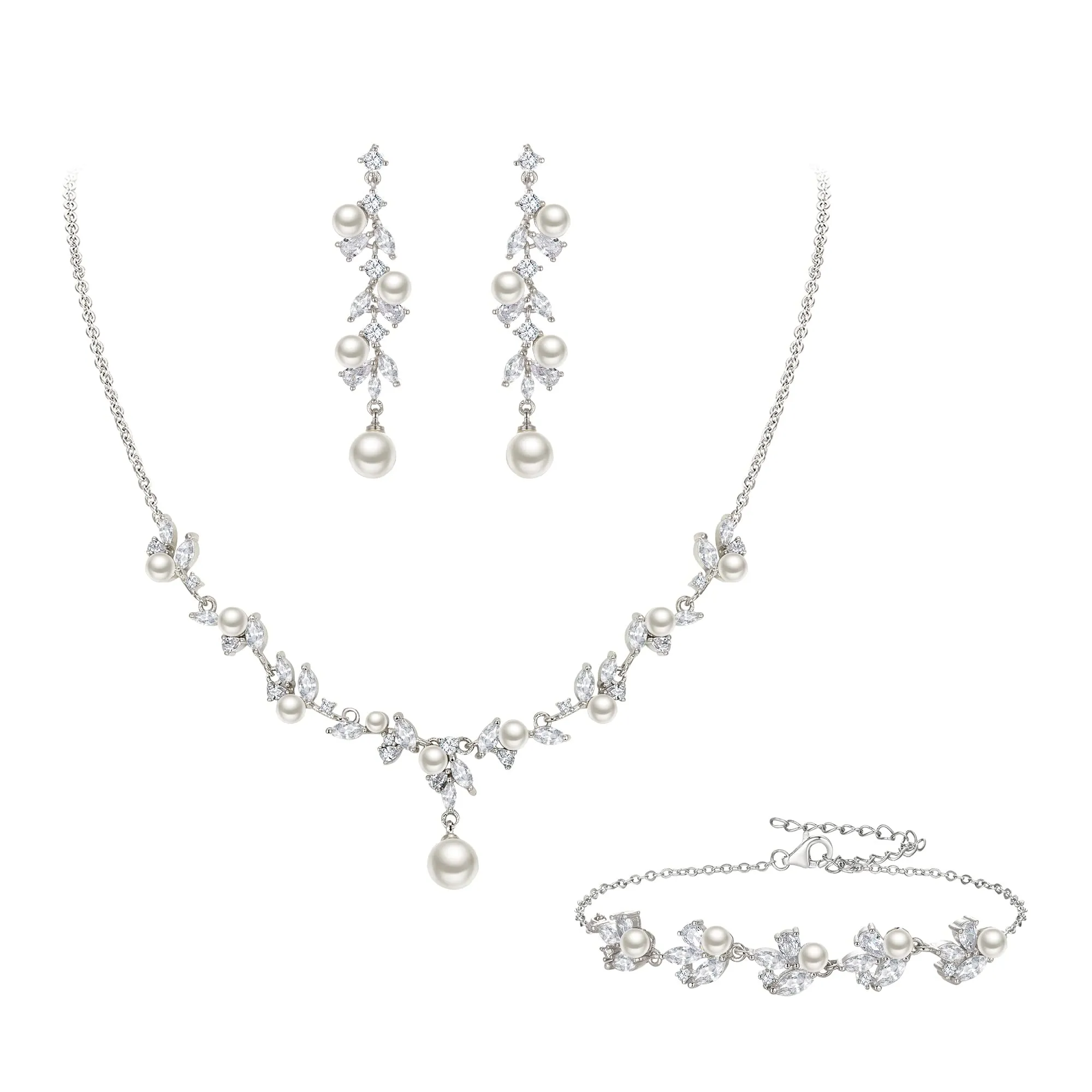 Clearine Sposa Perla Set di Gioielli per Donne Colore Avorio Simulato Marquise Zirconia cubica Cluster Pendant Collana Orecchini Pendenti Braclet - immagine 1